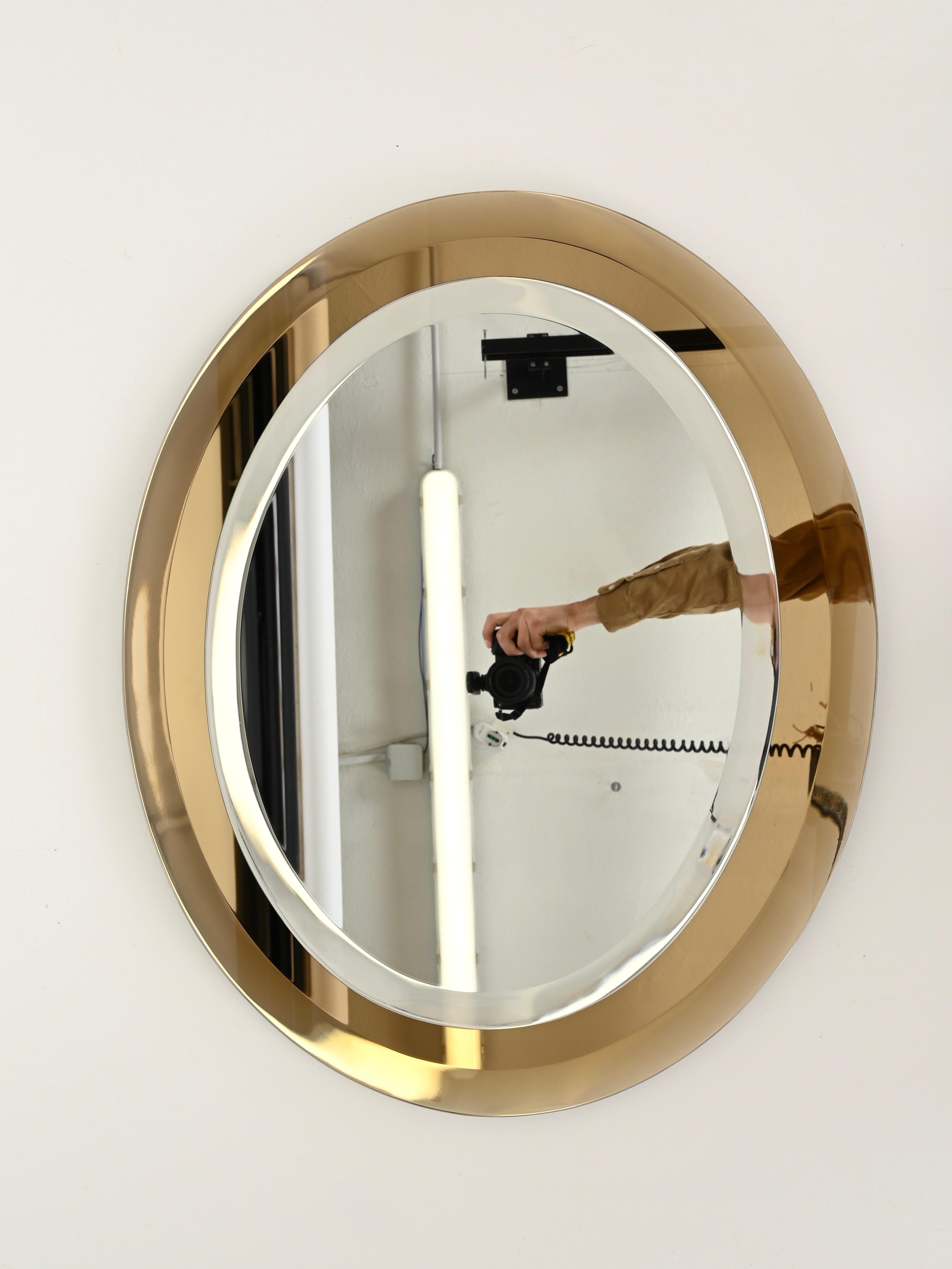 Glass Gold Italian Oval Double Beveled Mirror by Cristal Arte, Italy 1950s For Sale