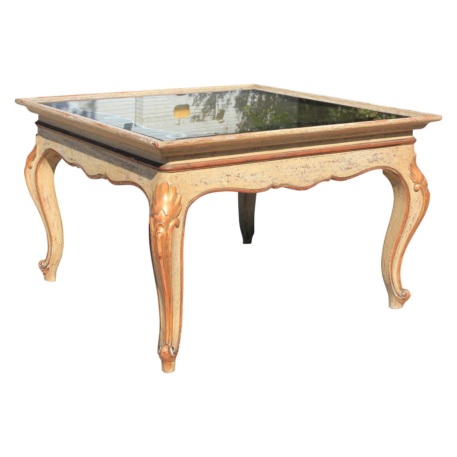 Painted Gold Italian Reverse Painting Glass Occasional Square Table