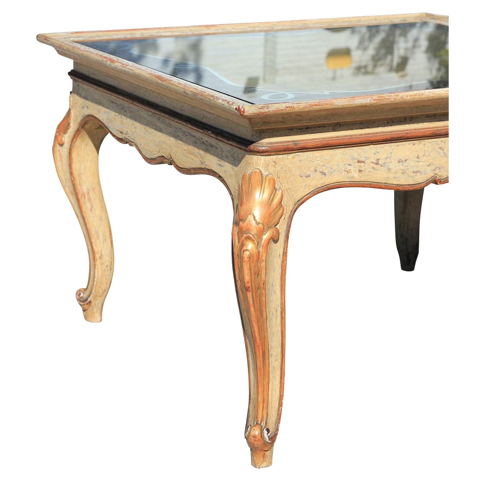 Gold Italian Reverse Painting Glass Occasional Square Table In Good Condition In Houston, TX