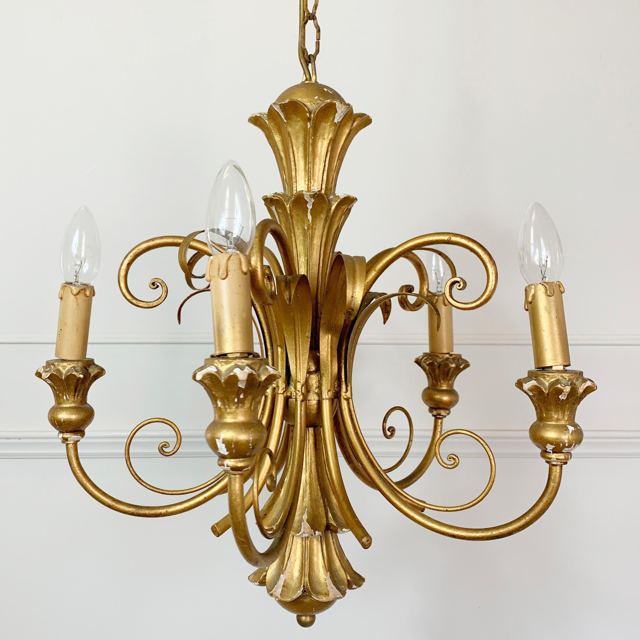 Metal Gold Italian Scroll Chandelier, circa 1960s For Sale