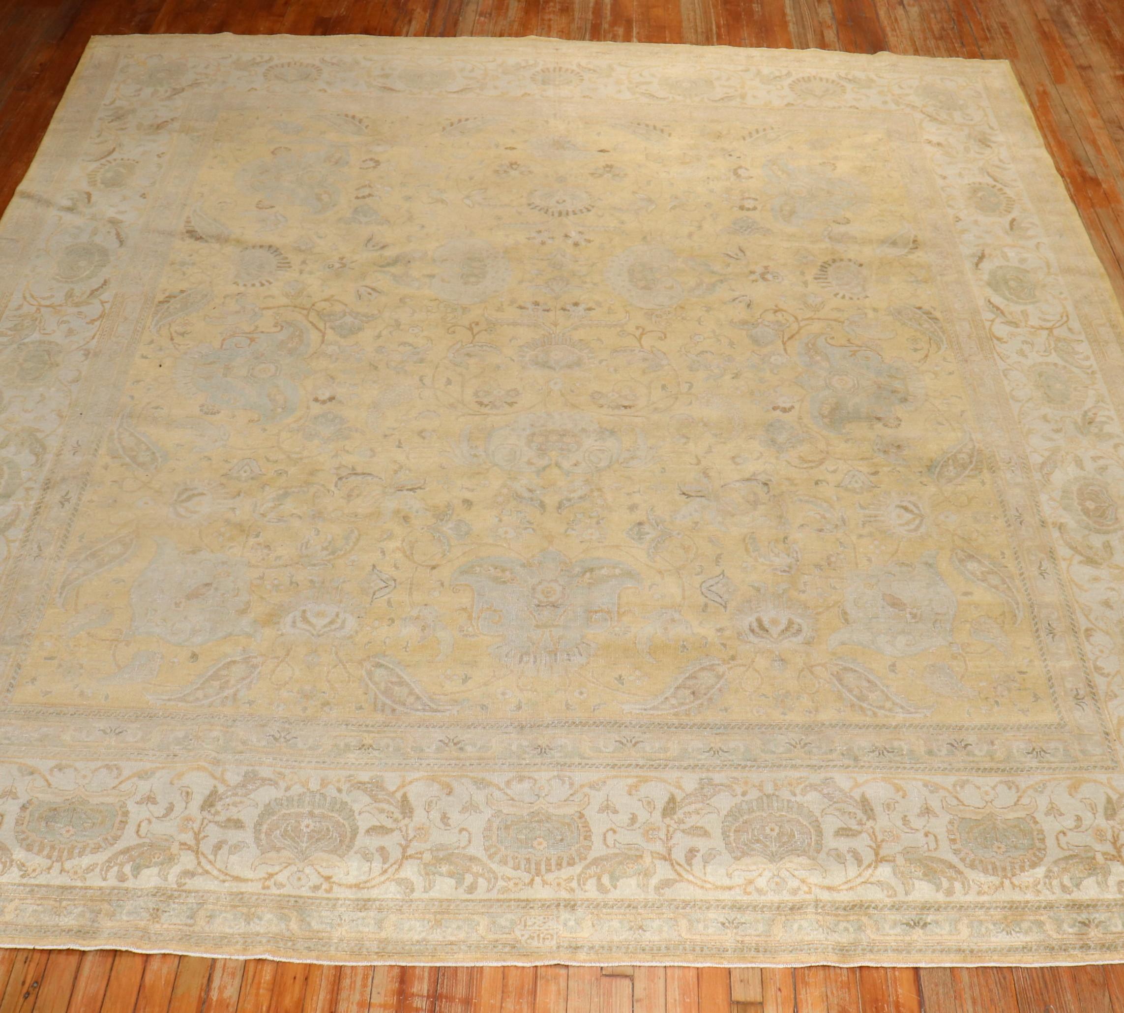 Gold Ivory Square Persian Antique Tabriz Rug For Sale 5