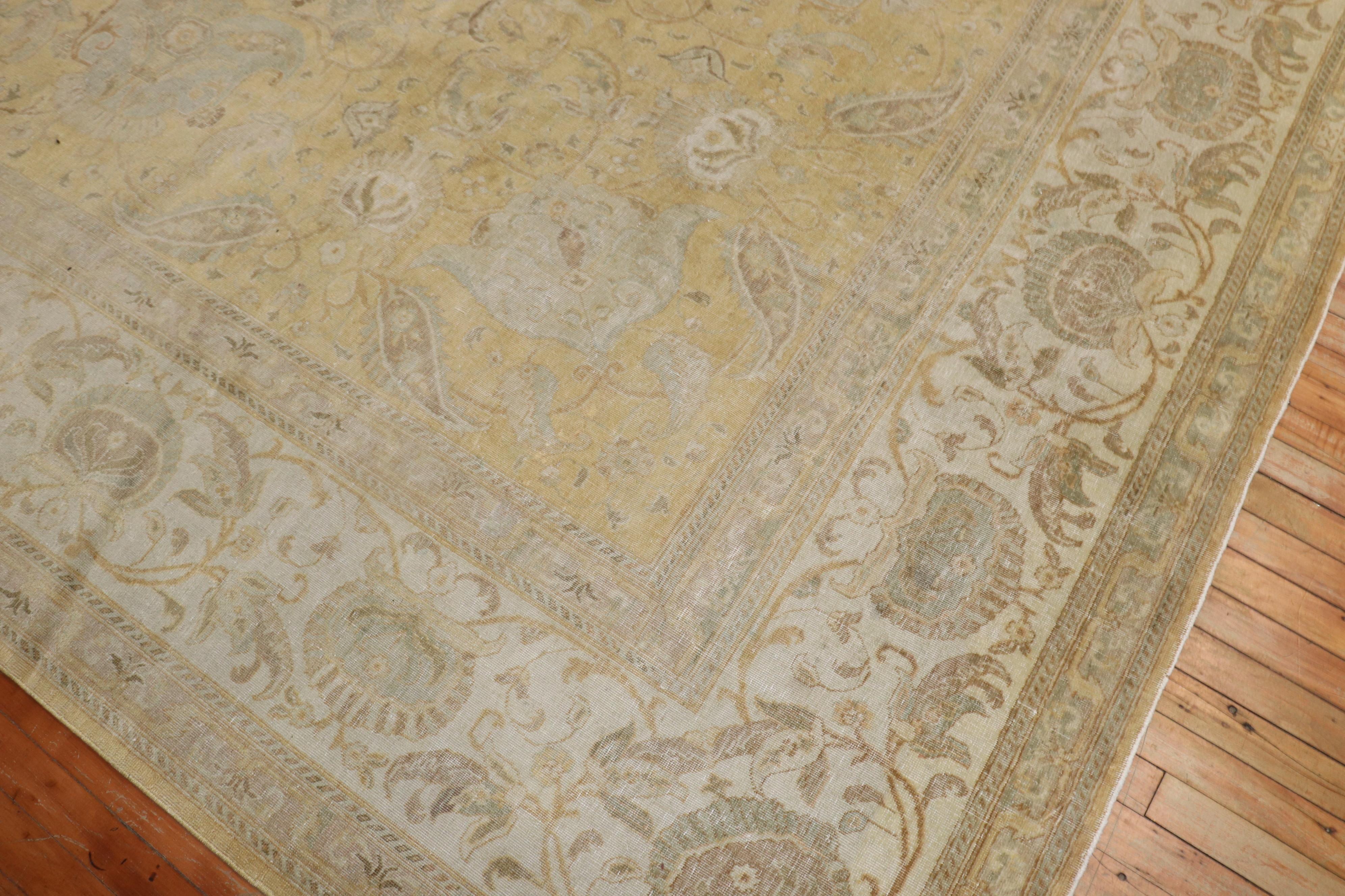 Wool Gold Ivory Square Persian Antique Tabriz Rug For Sale