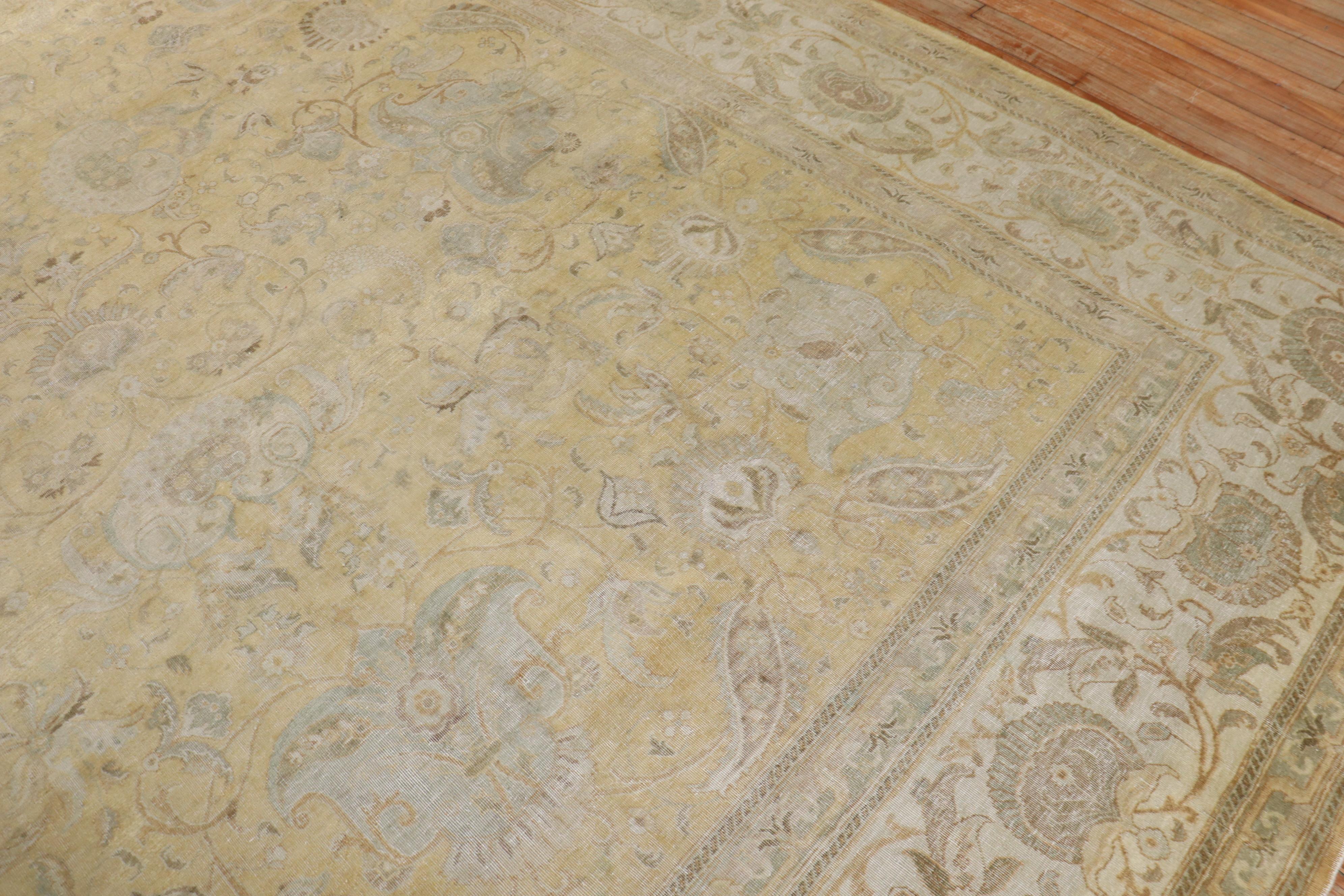Gold Ivory Square Persian Antique Tabriz Rug For Sale 2