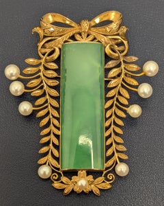 Gold Jade and Cultured Pearl Bow Pendant-Brooch