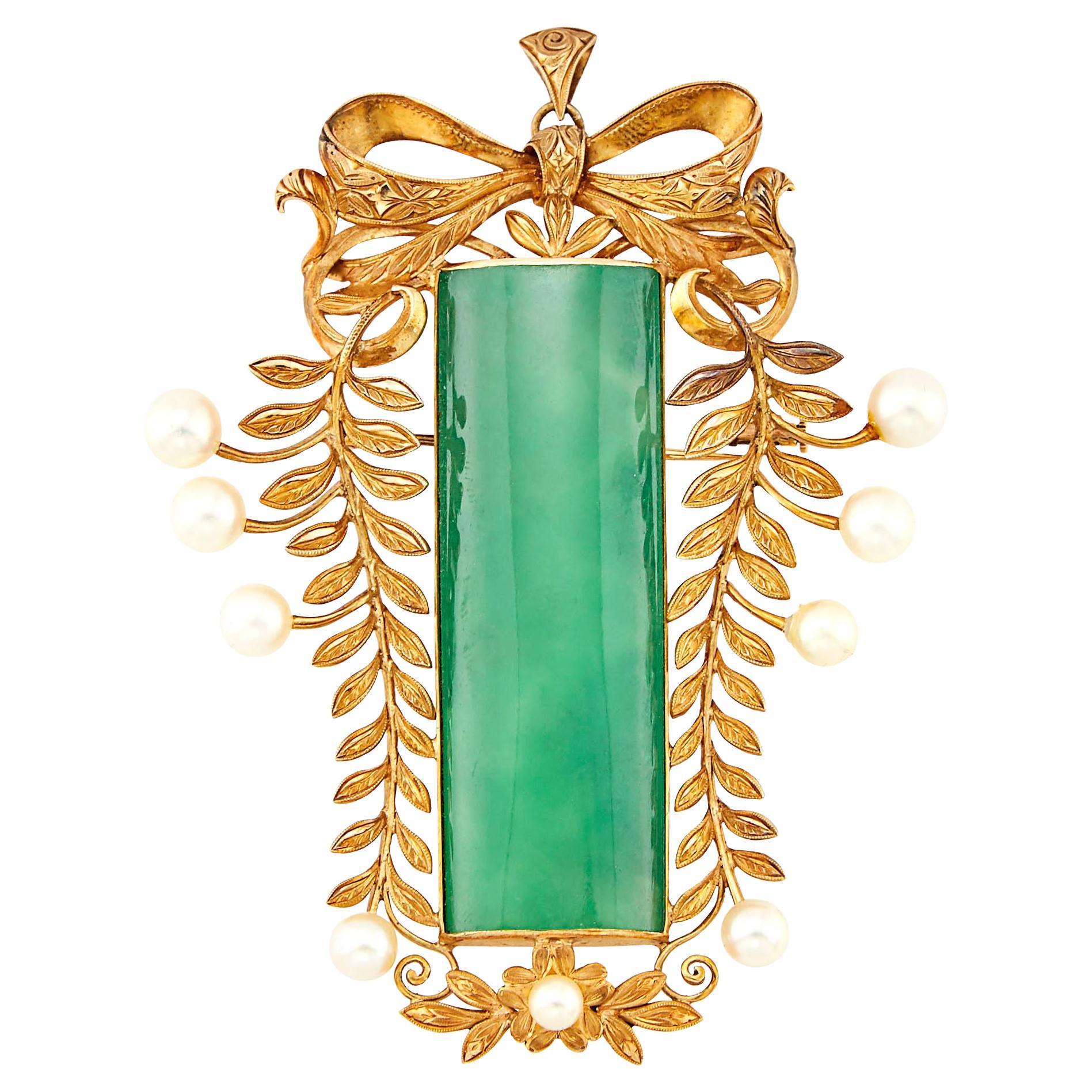 Gold Jade and Cultured Pearl Bow Pendant-Brooch