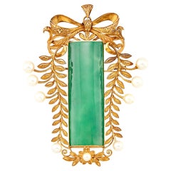 Gold Jade and Cultured Pearl Bow Pendant-Brooch