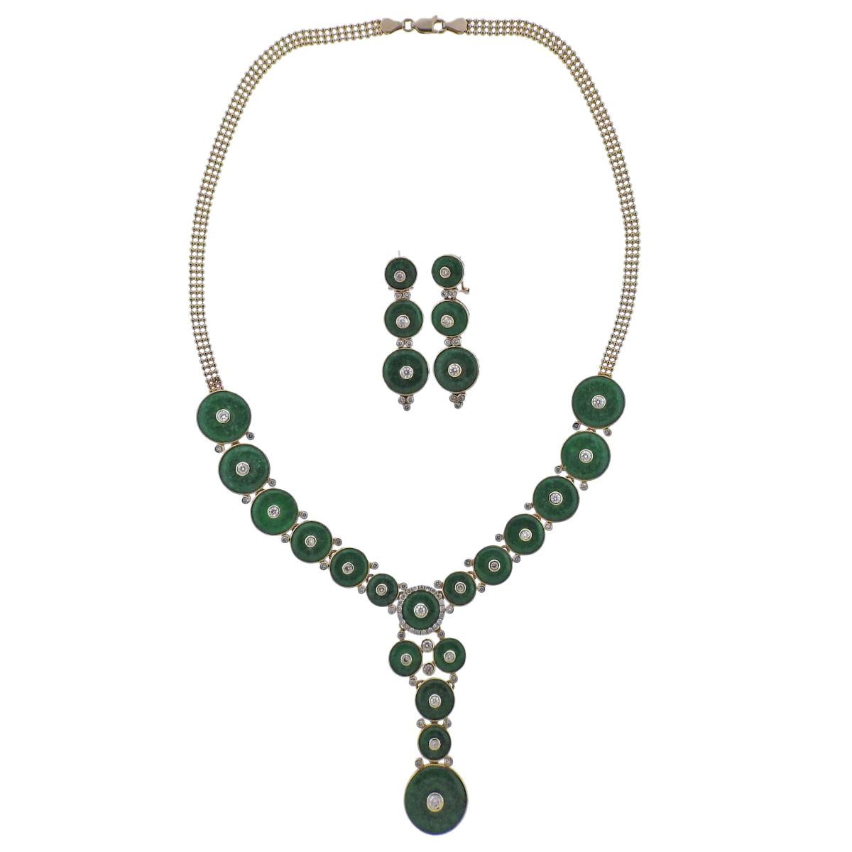 Gold Jade Diamond Necklace Earrings Set