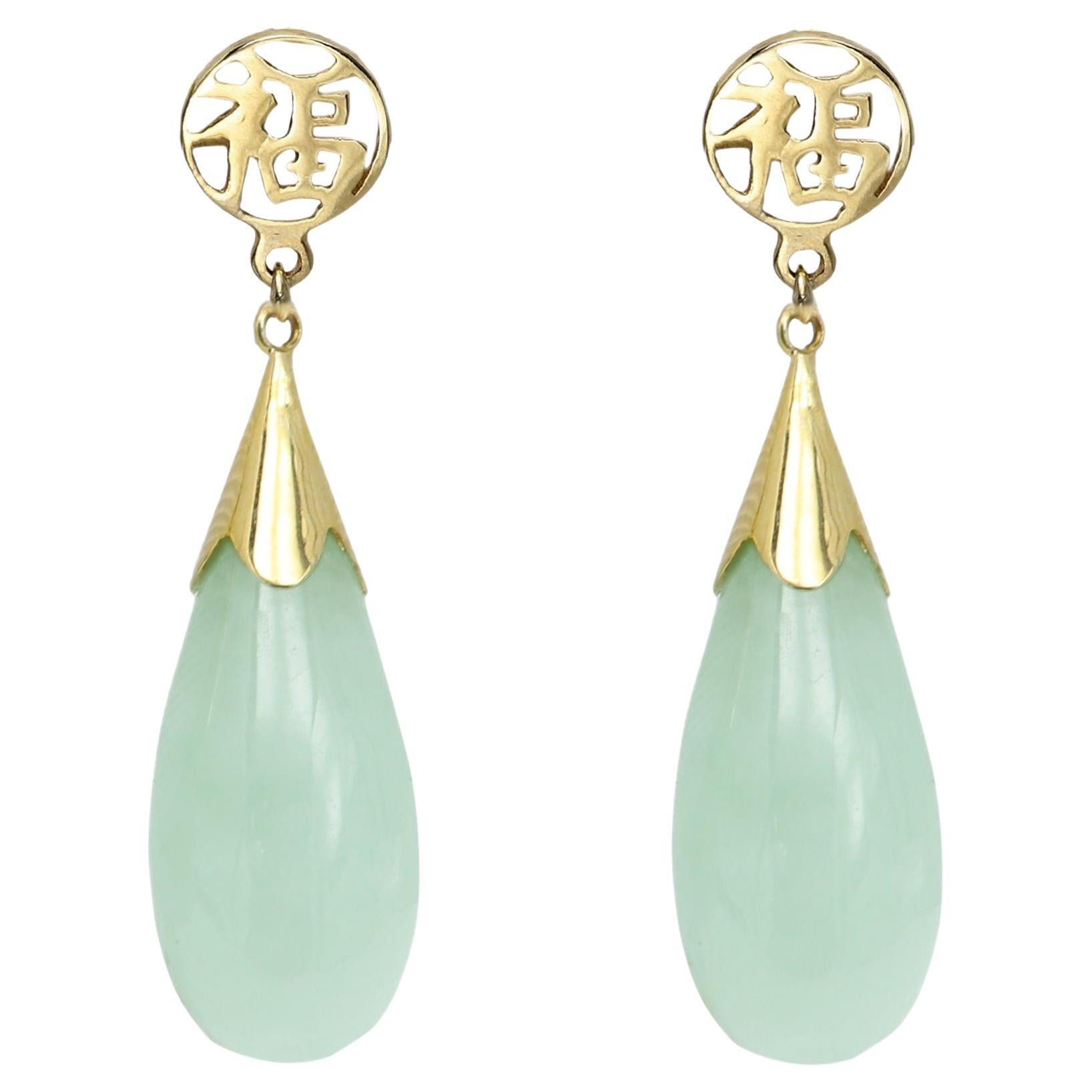 Gold Jade Earrings 14 Karat Yellow Gold Green dangle Jade Earring