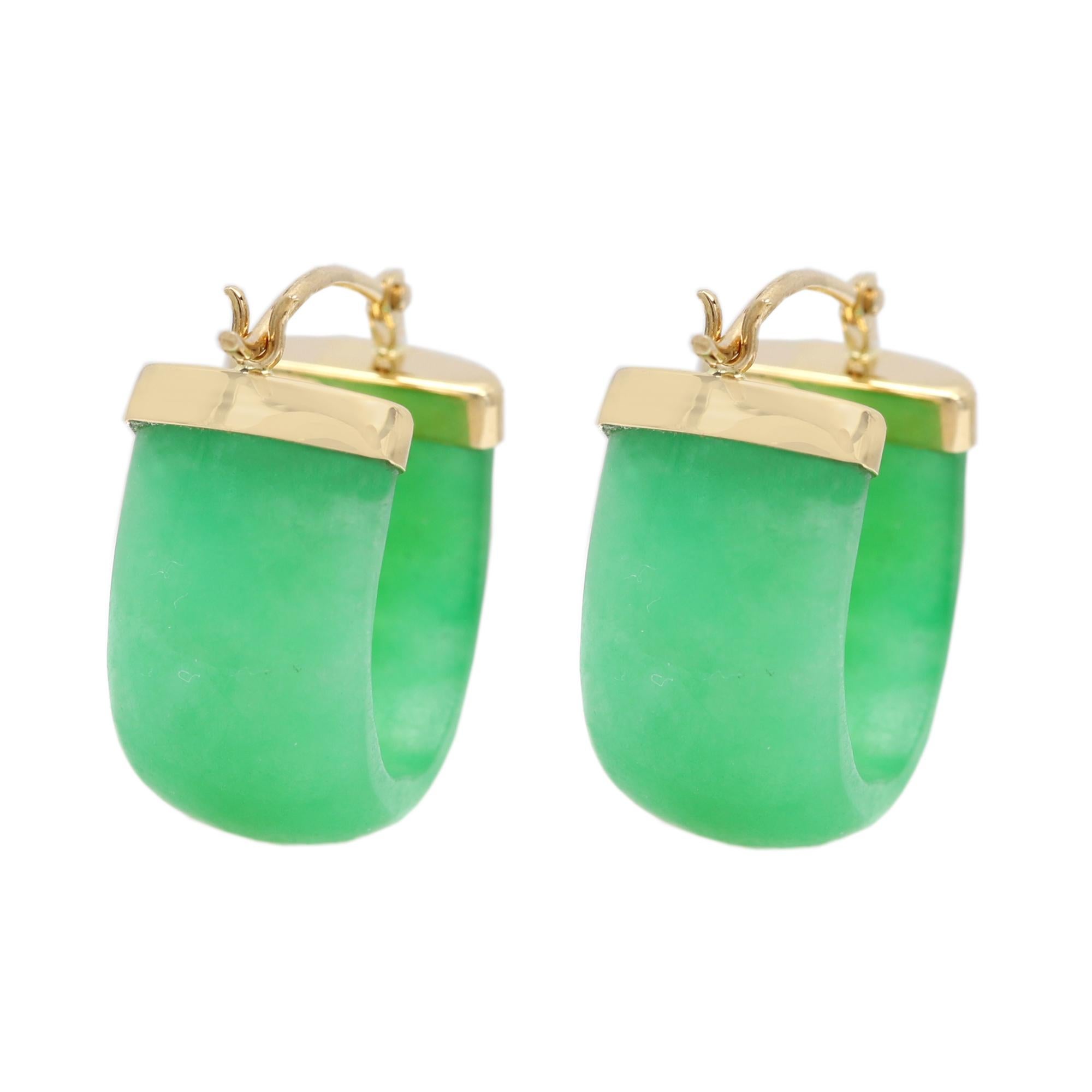 Women's Gold Jade Earrings Huggie Earrings Green Jade 14 Karat Yellow Gold For Sale
