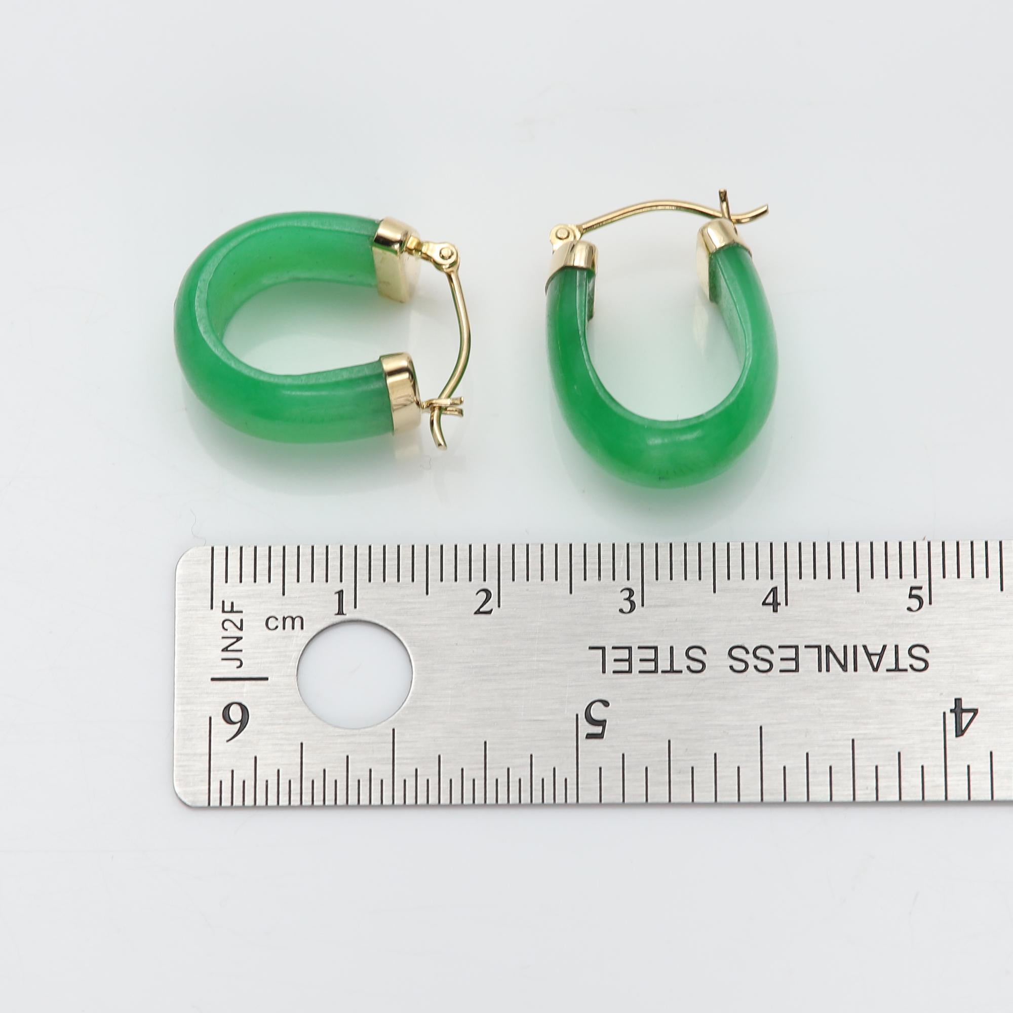 Gold Jade Earrings Huggie Earrings Green Jade 14 Karat Yellow Gold For Sale 1