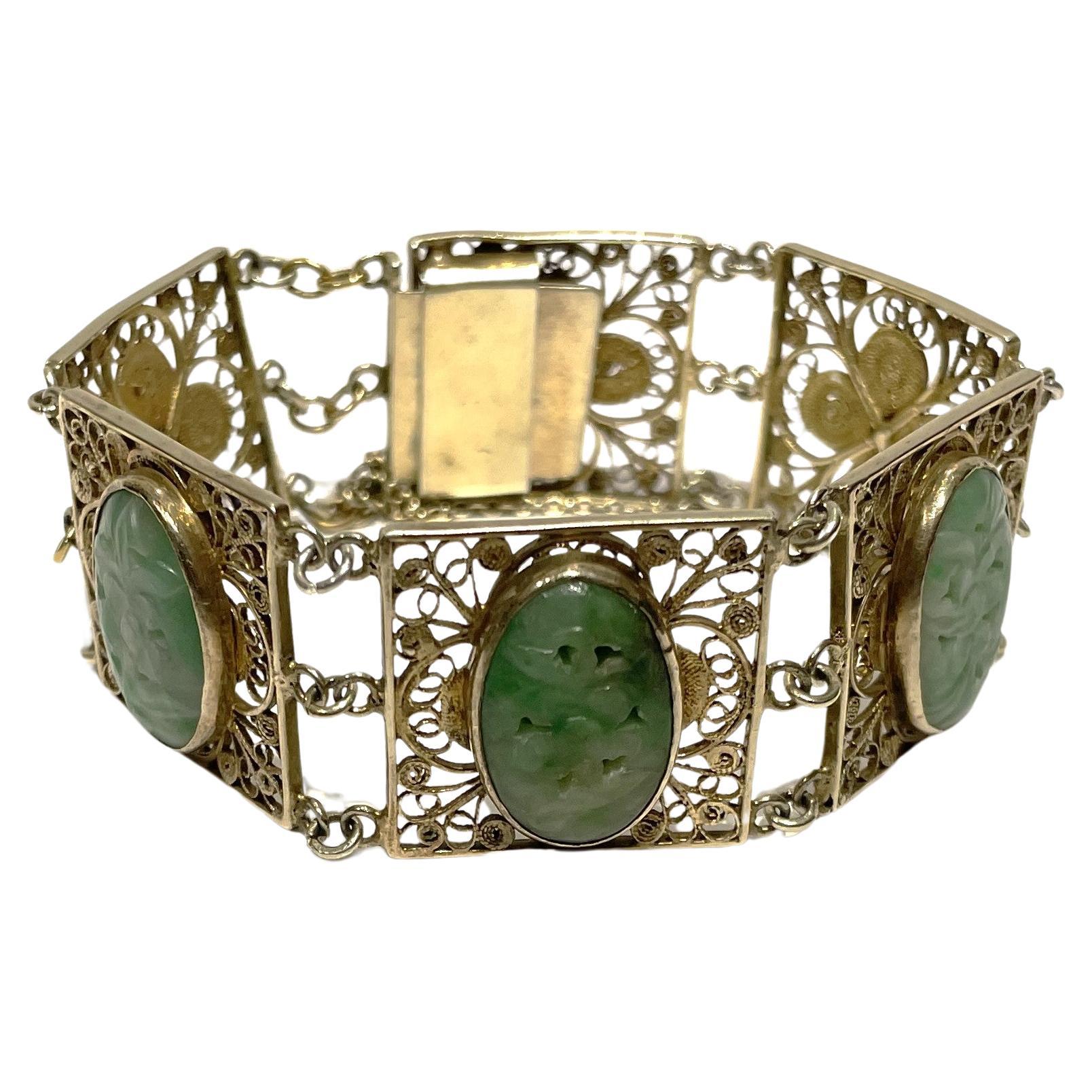 Gold & Jade Filigree Estate Retro Bracelet