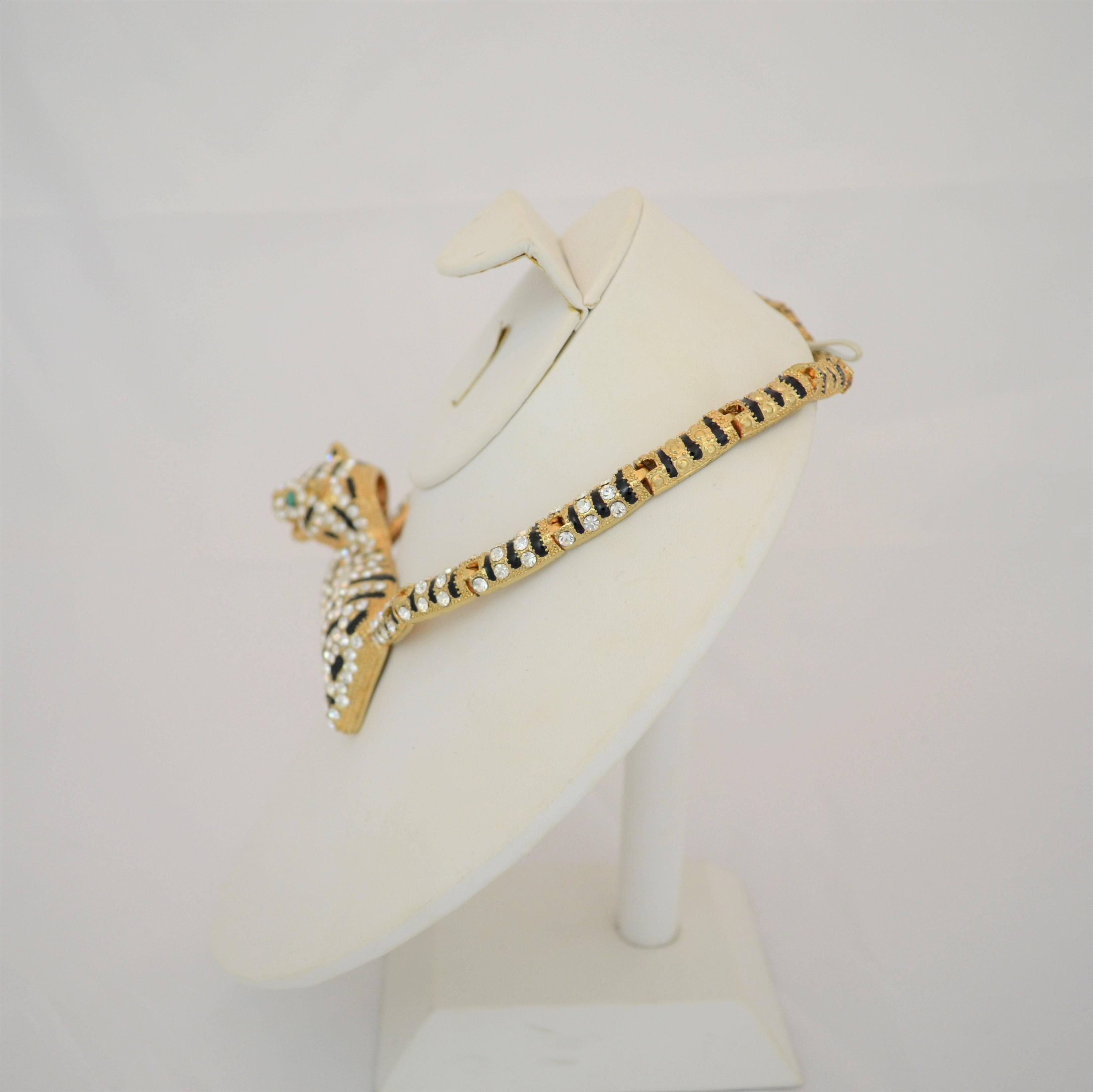 Women's or Men's Gold Jaguar Necklace and Earrings Set with Rhinestones