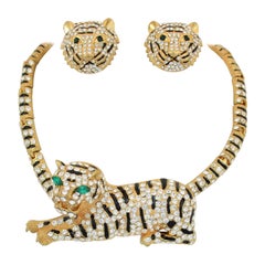 Gold Jaguar Necklace and Earrings Set with Rhinestones 