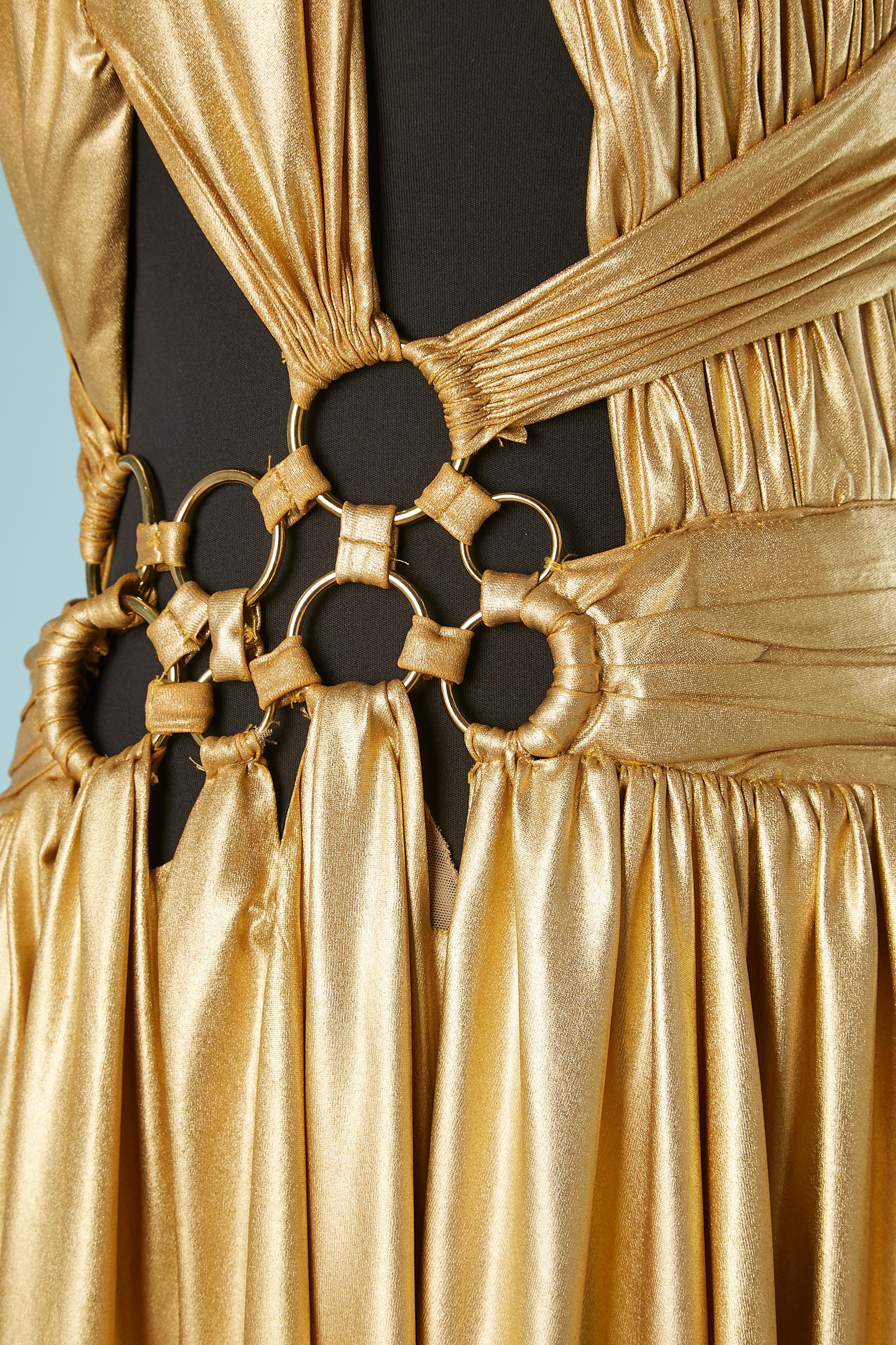Gold jersey evening dress with draped and metal rings Roberto Cavalli  In Excellent Condition For Sale In Saint-Ouen-Sur-Seine, FR