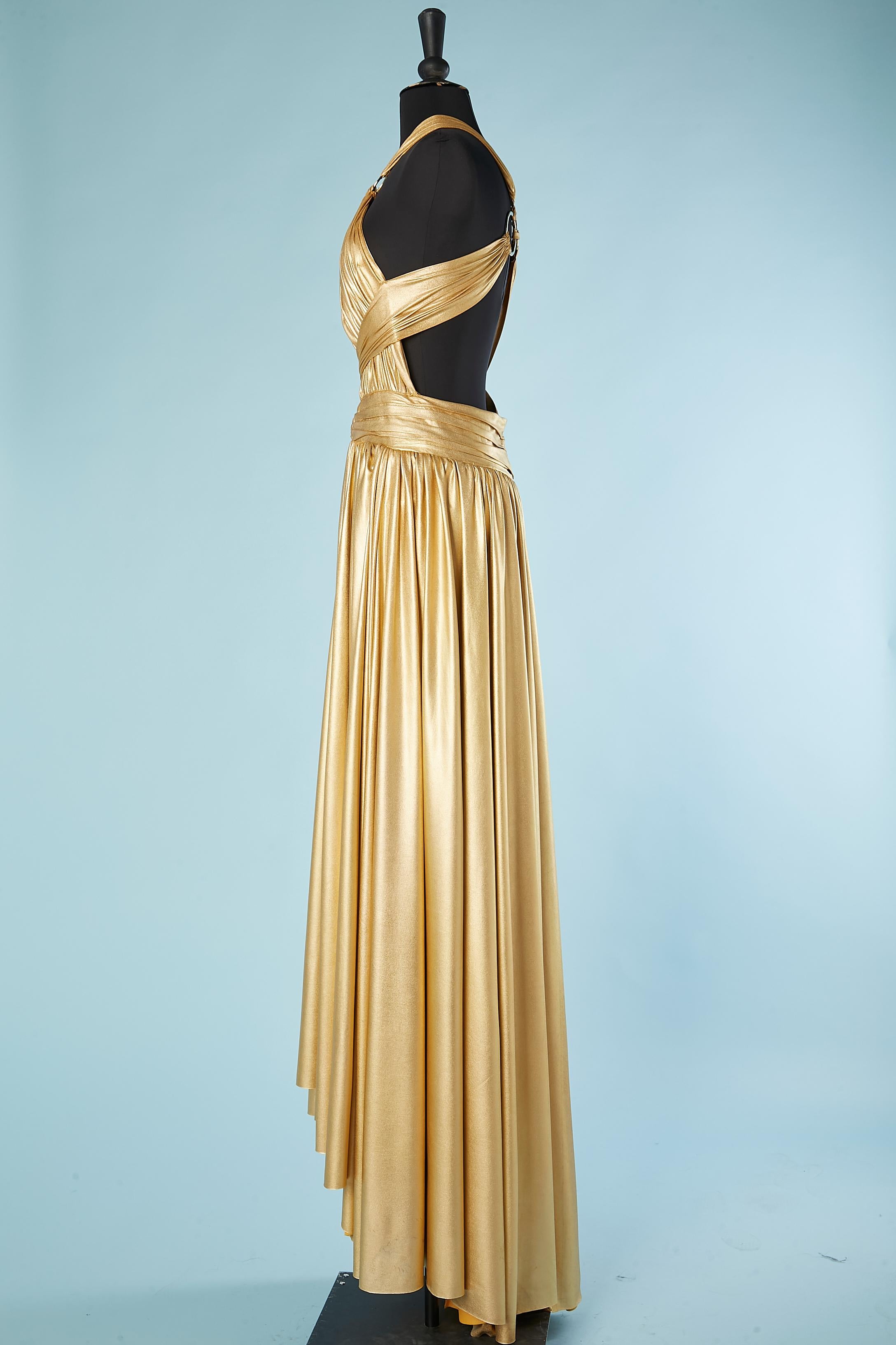 Gold jersey evening dress with draped and metal rings Roberto Cavalli  For Sale 1
