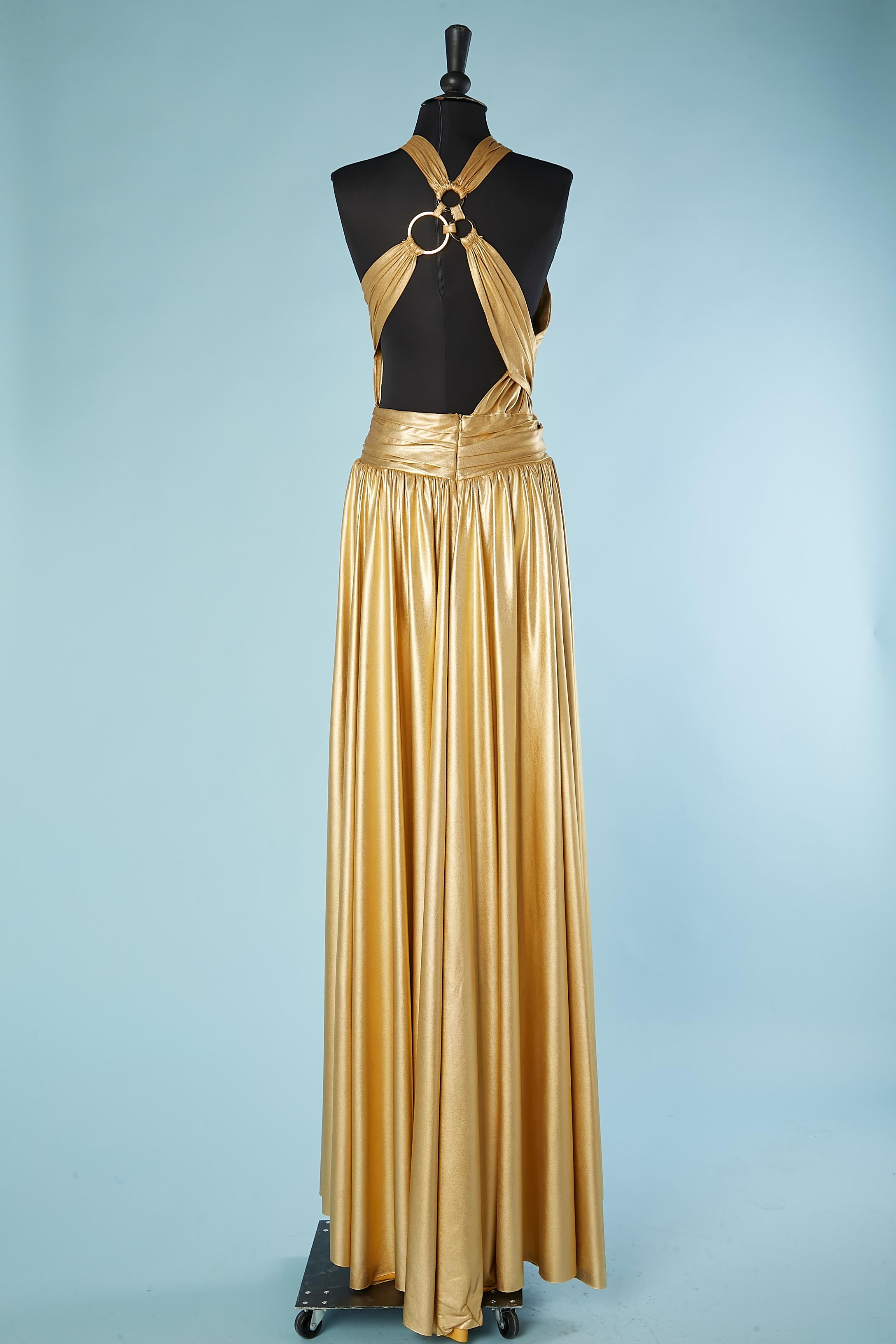 Gold jersey evening dress with draped and metal rings Roberto Cavalli  For Sale 2