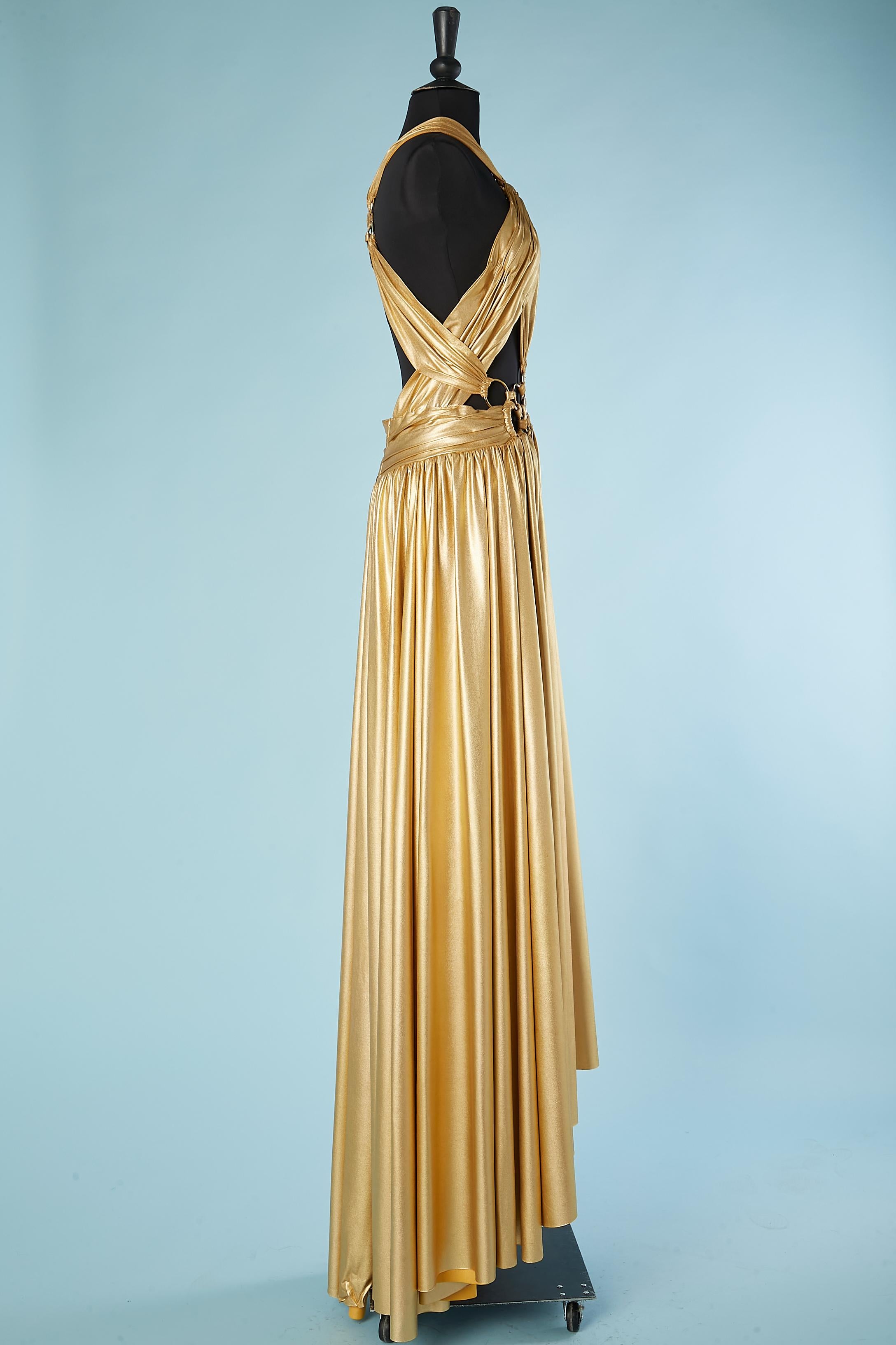Gold jersey evening dress with draped and metal rings Roberto Cavalli  For Sale 5