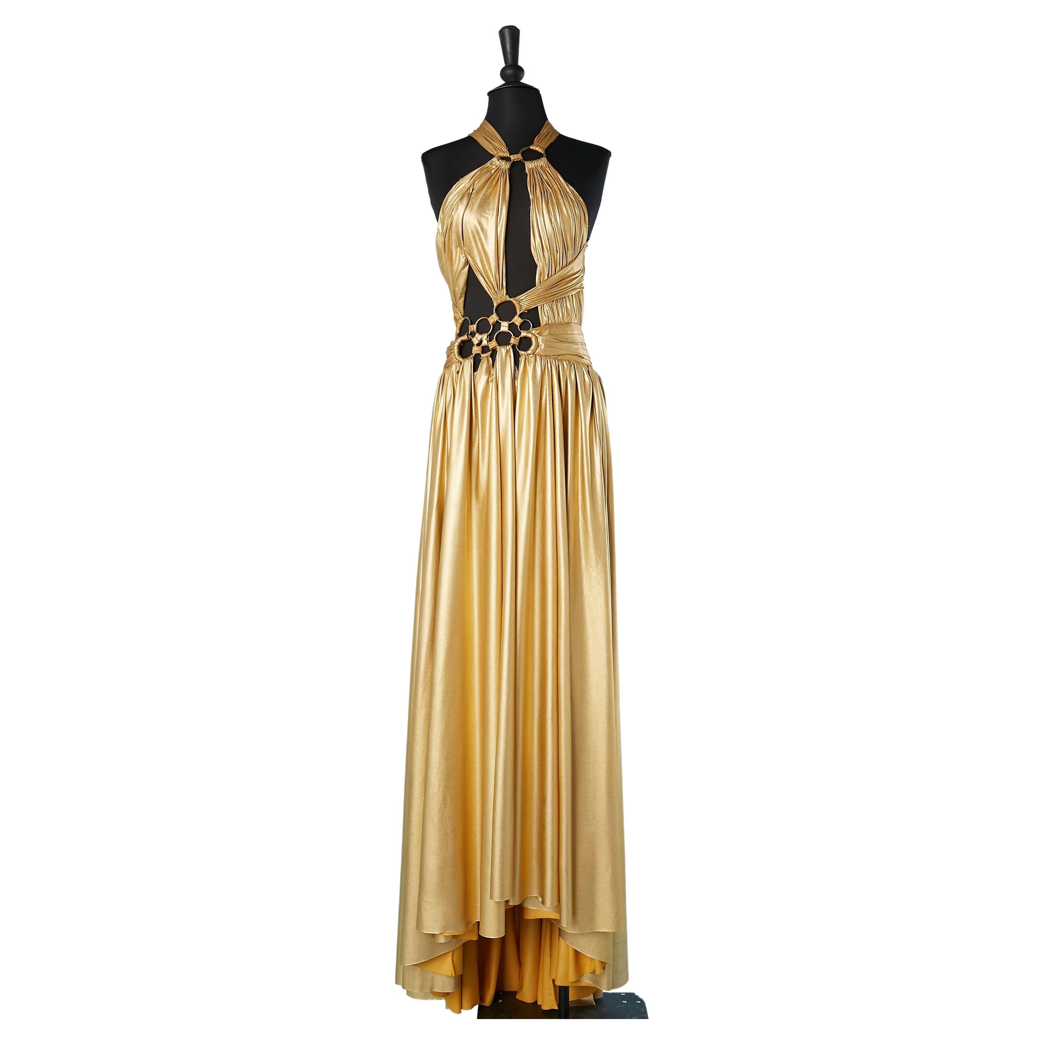 Gold jersey evening dress with draped and metal rings Roberto Cavalli  For Sale