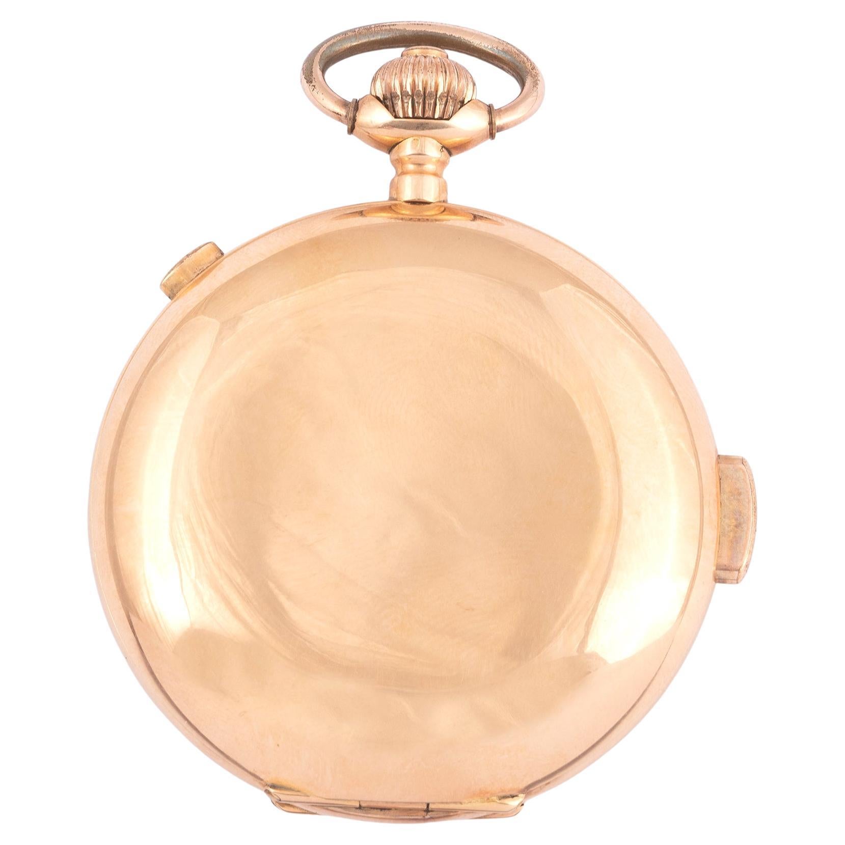 Gold Keyless Wind Carillon Minute Repeating Chronograph Full Hunter Pocket Watch For Sale at