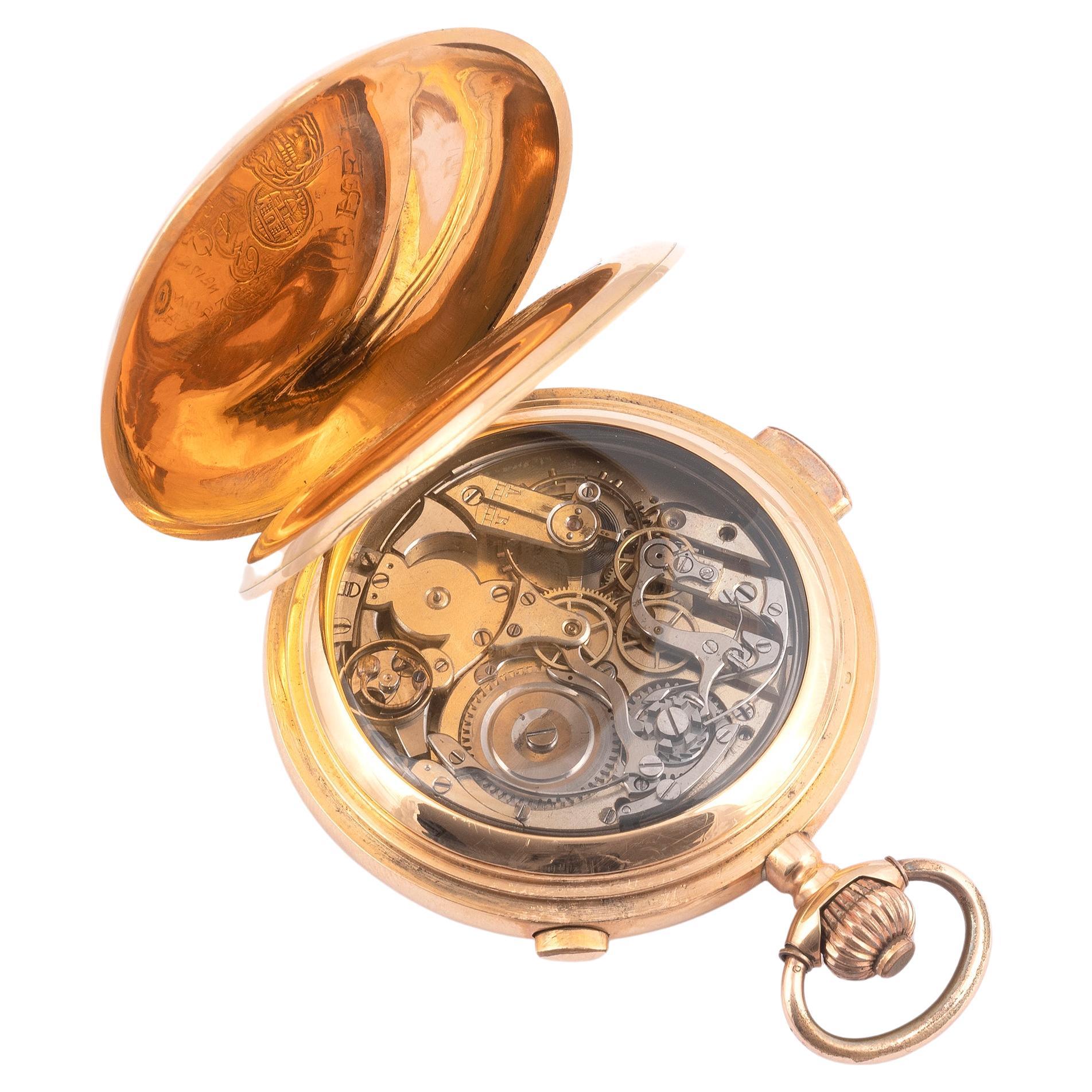 Gold Keyless Wind Carillon Minute Repeating Chronograph Full Hunter Pocket Watch For Sale at