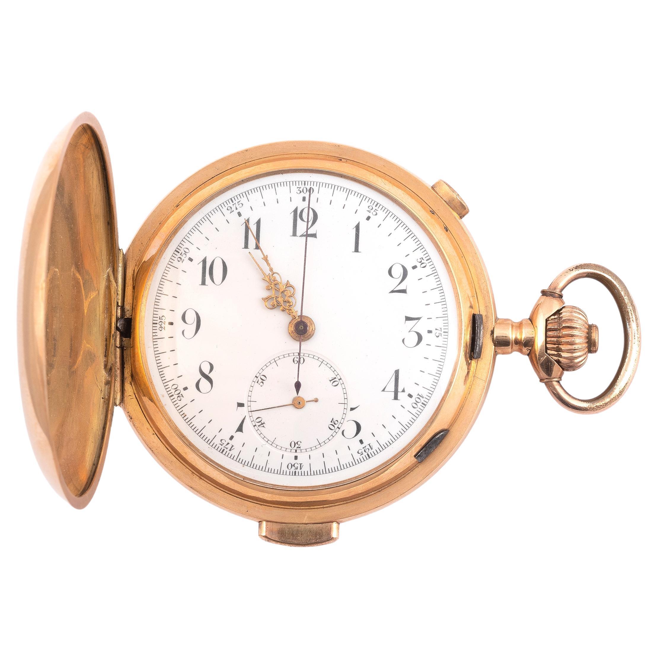 Gold Keyless Wind Carillon Minute Repeating Chronograph Full Hunter Pocket Watch For Sale at