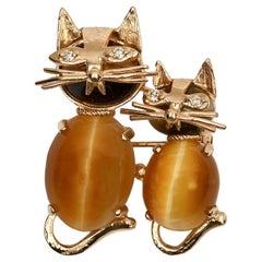 Retro Gold Kittens Brooch with Cat's Eye