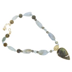 Gold Labradorite and Aquamarine Gemstone Necklace with Teardrop Pendant, 22 Inch