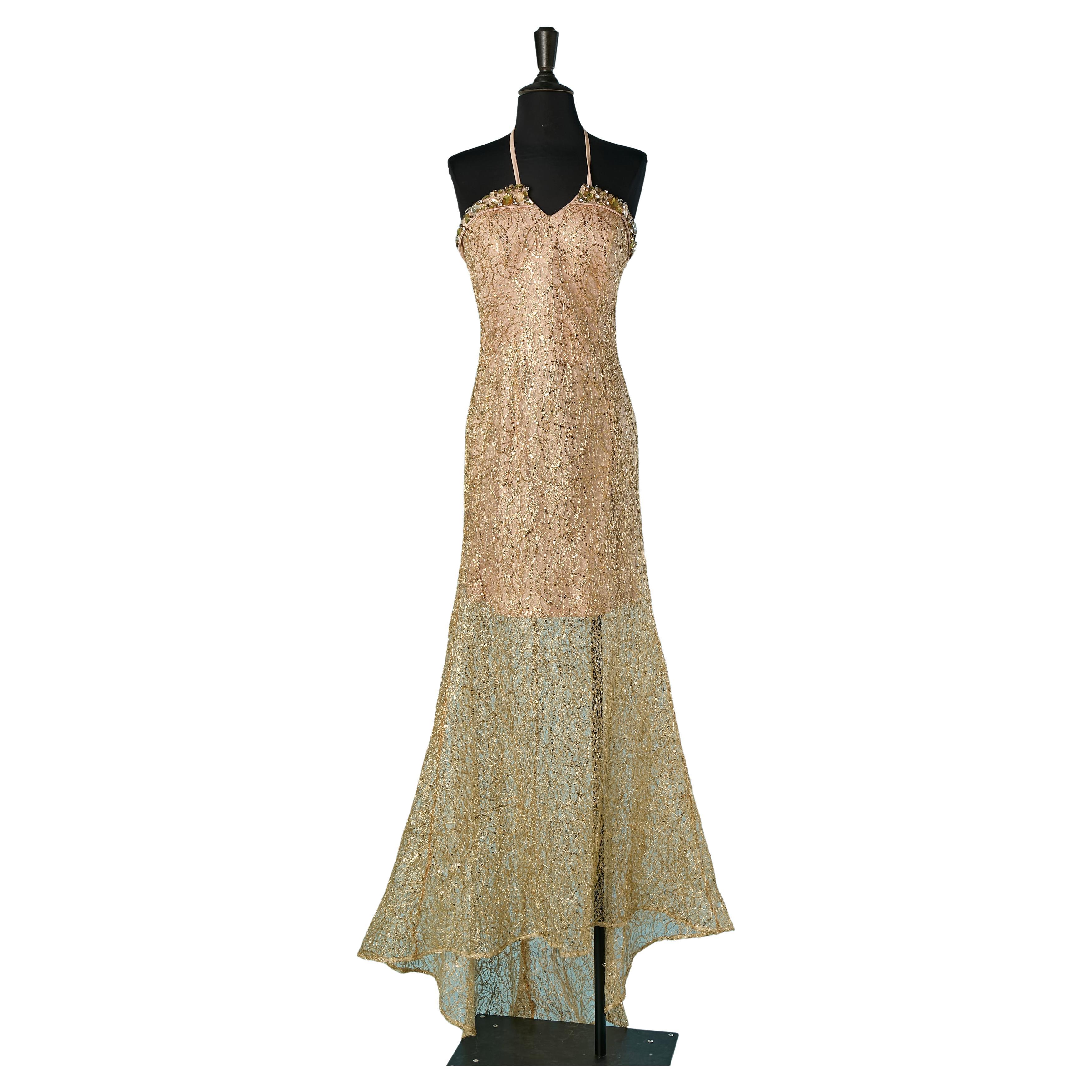 Gold lace and embroideries bustier evening dress with drag RG / ROMEO GIGLI