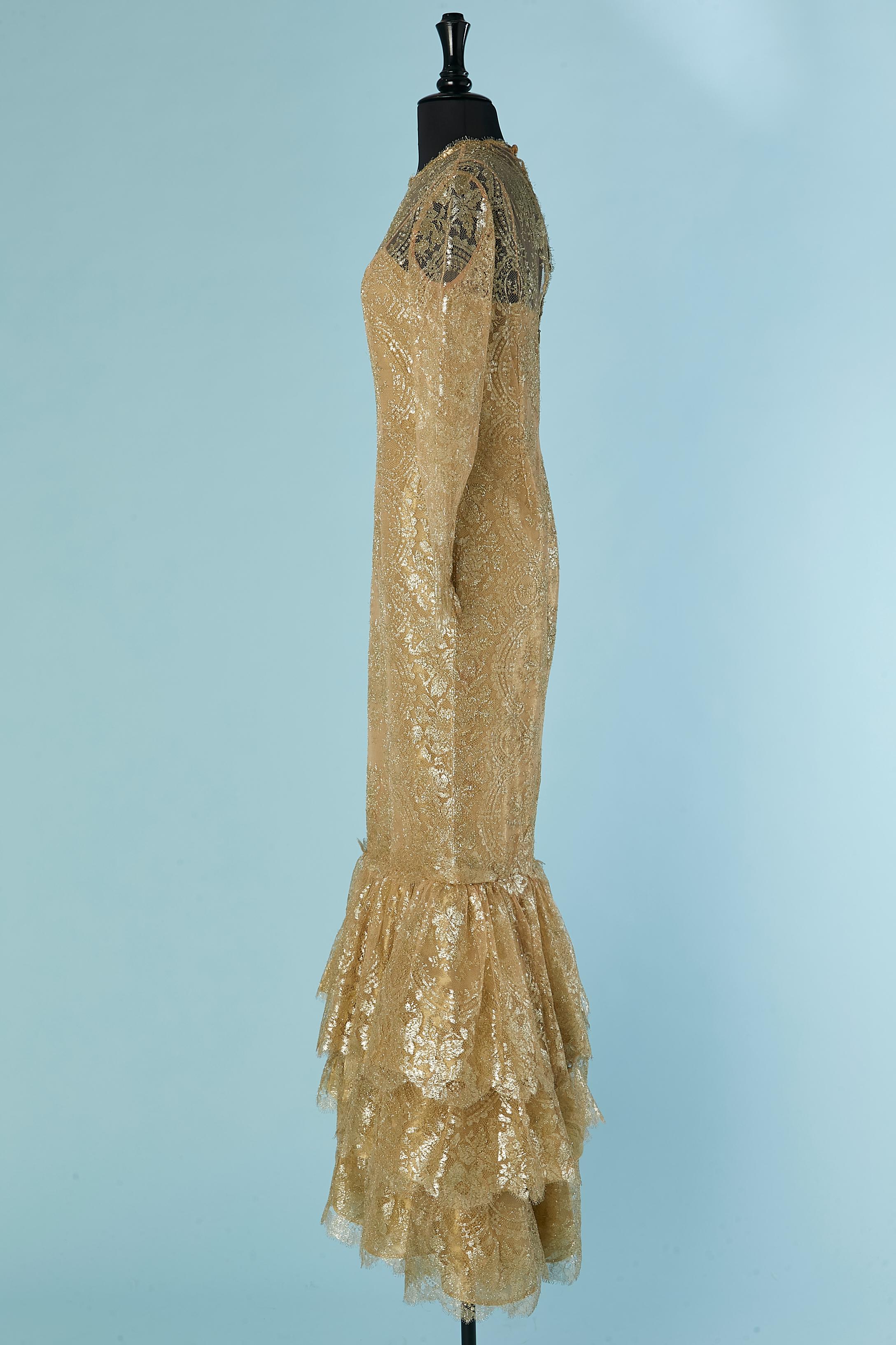 Women's Gold lace evening dress with ruffles on the bottom Bill Blass For Sale