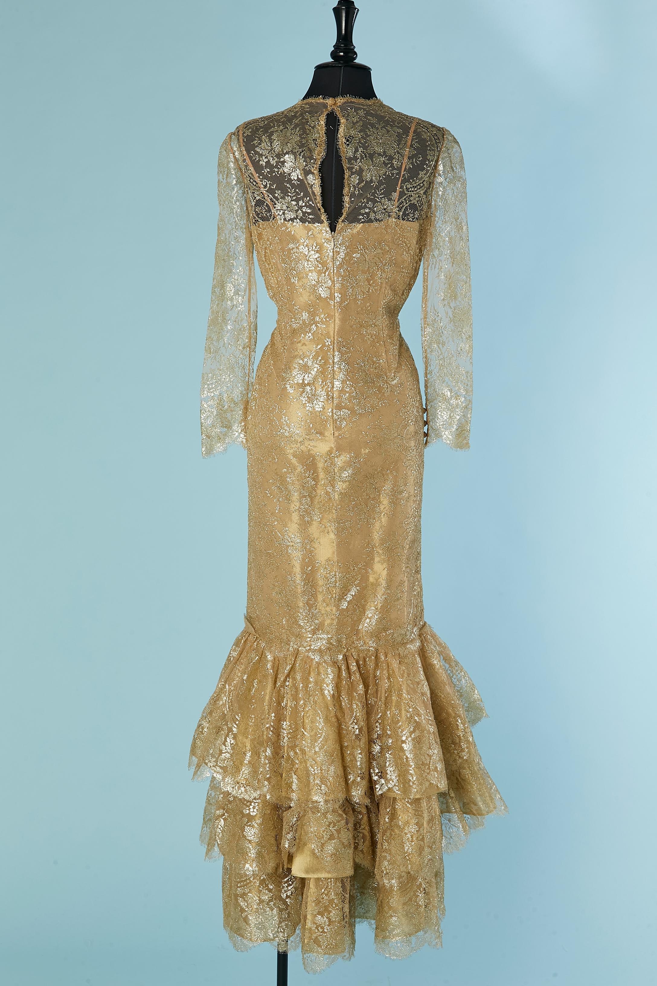 Gold lace evening dress with ruffles on the bottom Bill Blass For Sale 1