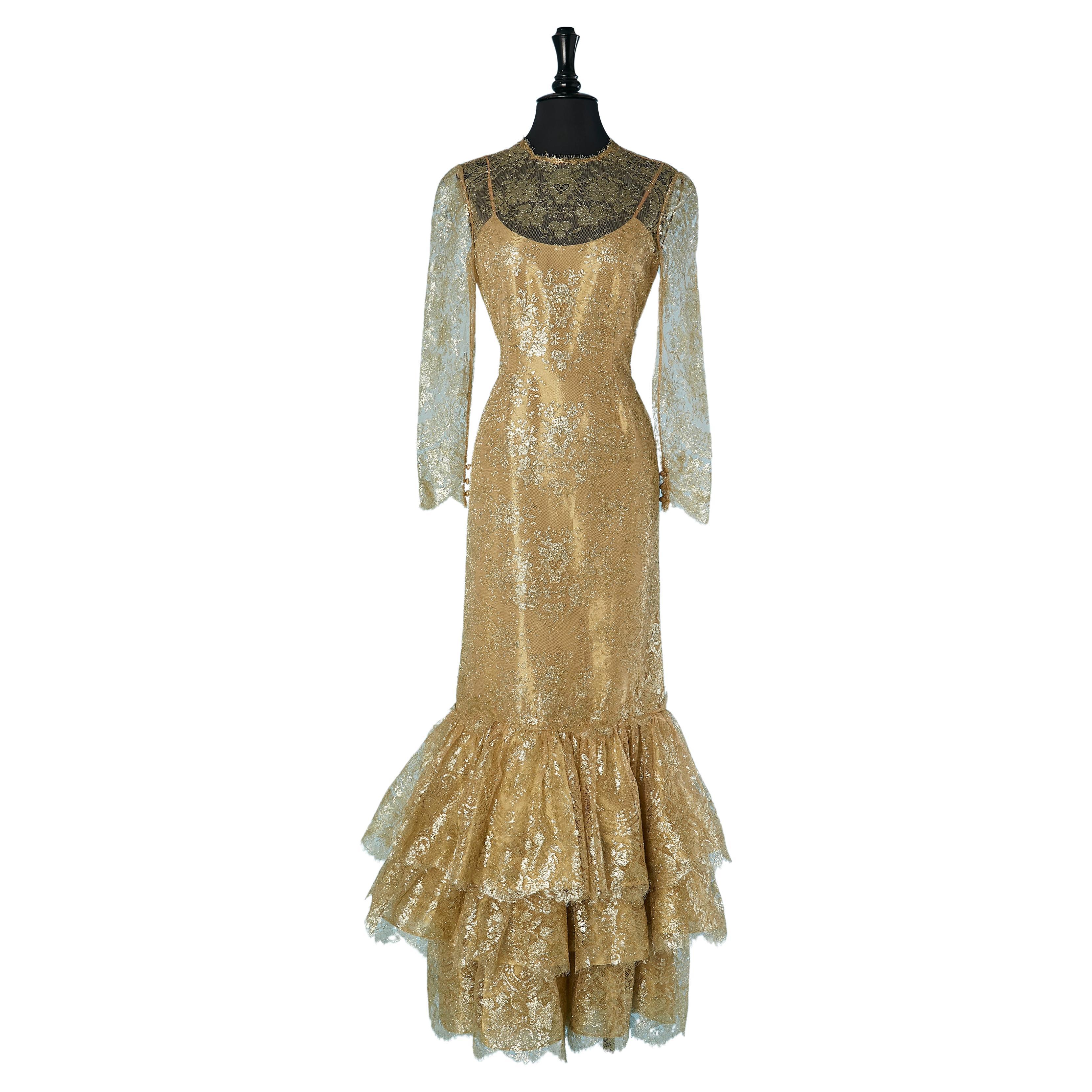 Gold lace evening dress with ruffles on the bottom Bill Blass For Sale