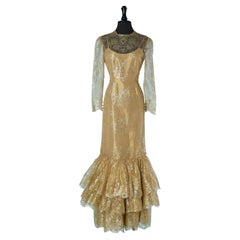 Gold lace evening dress with ruffles on the bottom Bill Blass