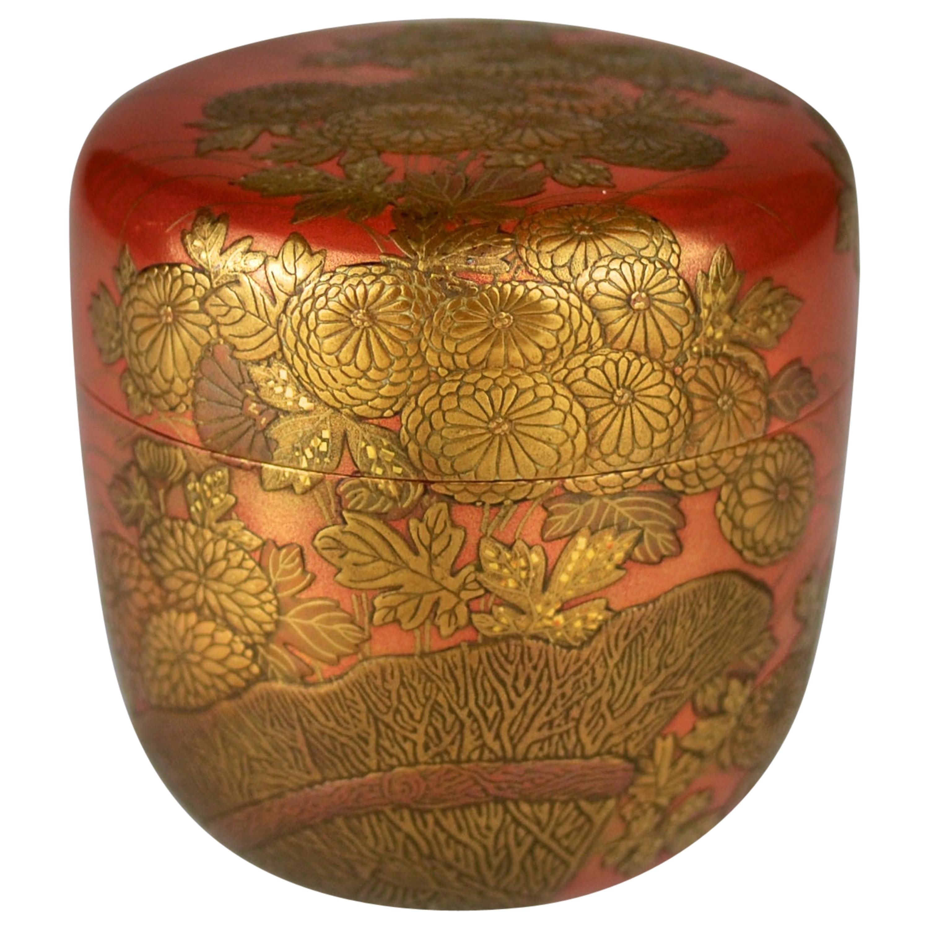 Gold Lacquer Natsume with Chrysanthemum on a Fence by Okada Hyokan I '1904-1969' For Sale