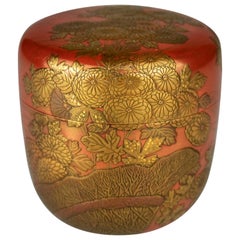 Antique Gold Lacquer Natsume with Chrysanthemum on a Fence by Okada Hyokan I '1904-1969'