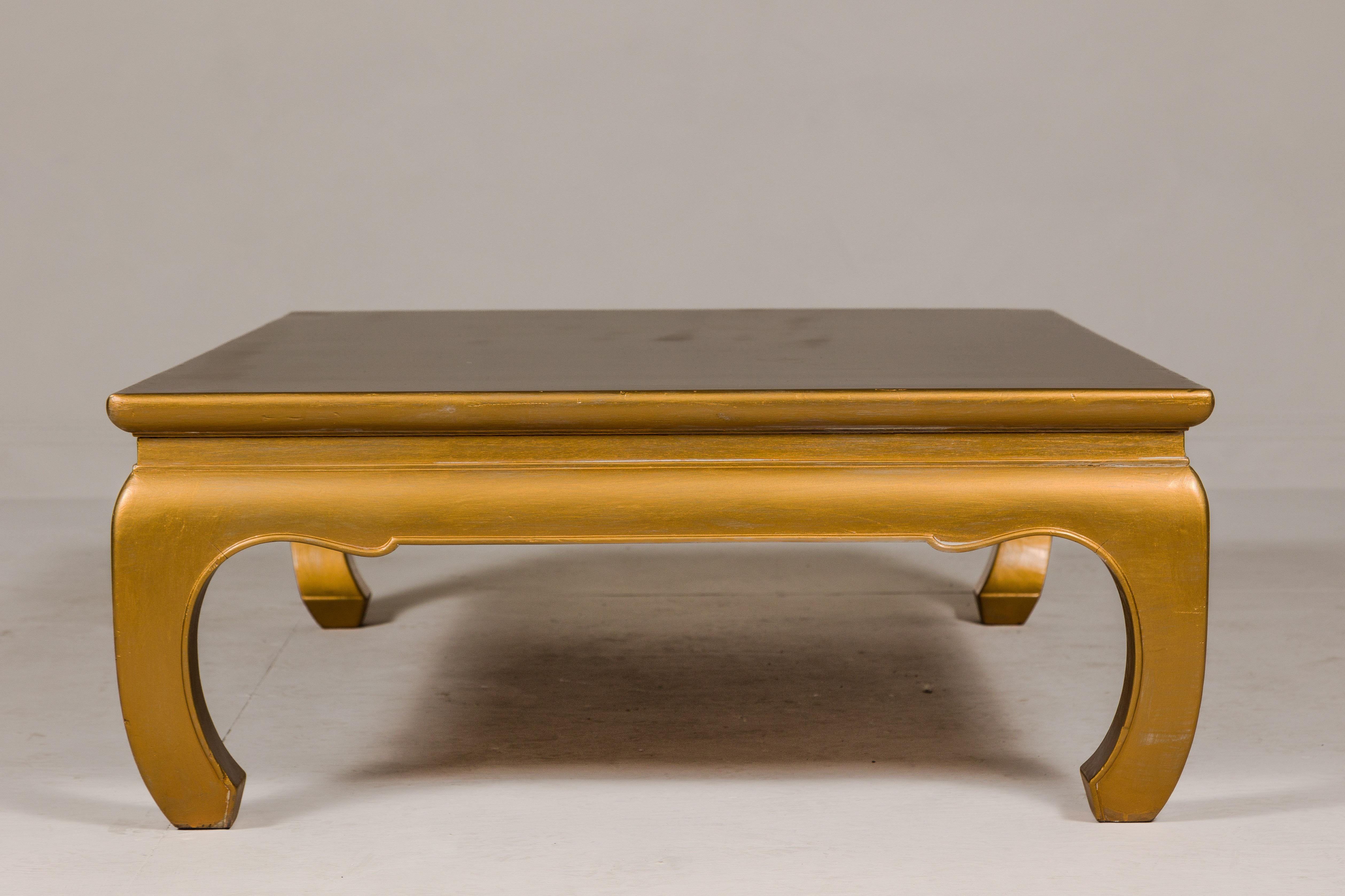 Gold Lacquered Ming Dynasty Style Chow Leg Coffee Table with Carved Apron For Sale 4