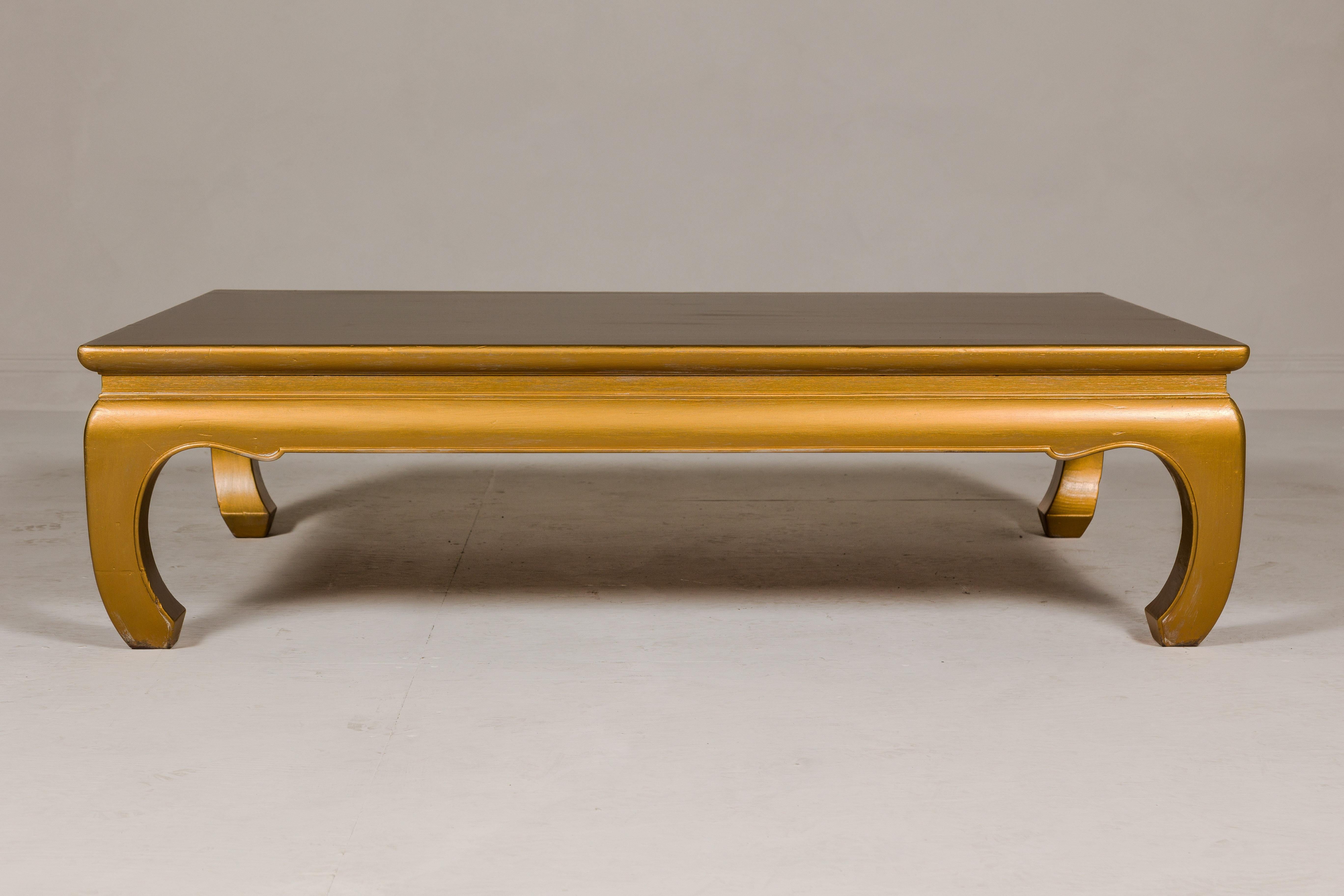20th Century Gold Lacquered Ming Dynasty Style Chow Leg Coffee Table with Carved Apron For Sale