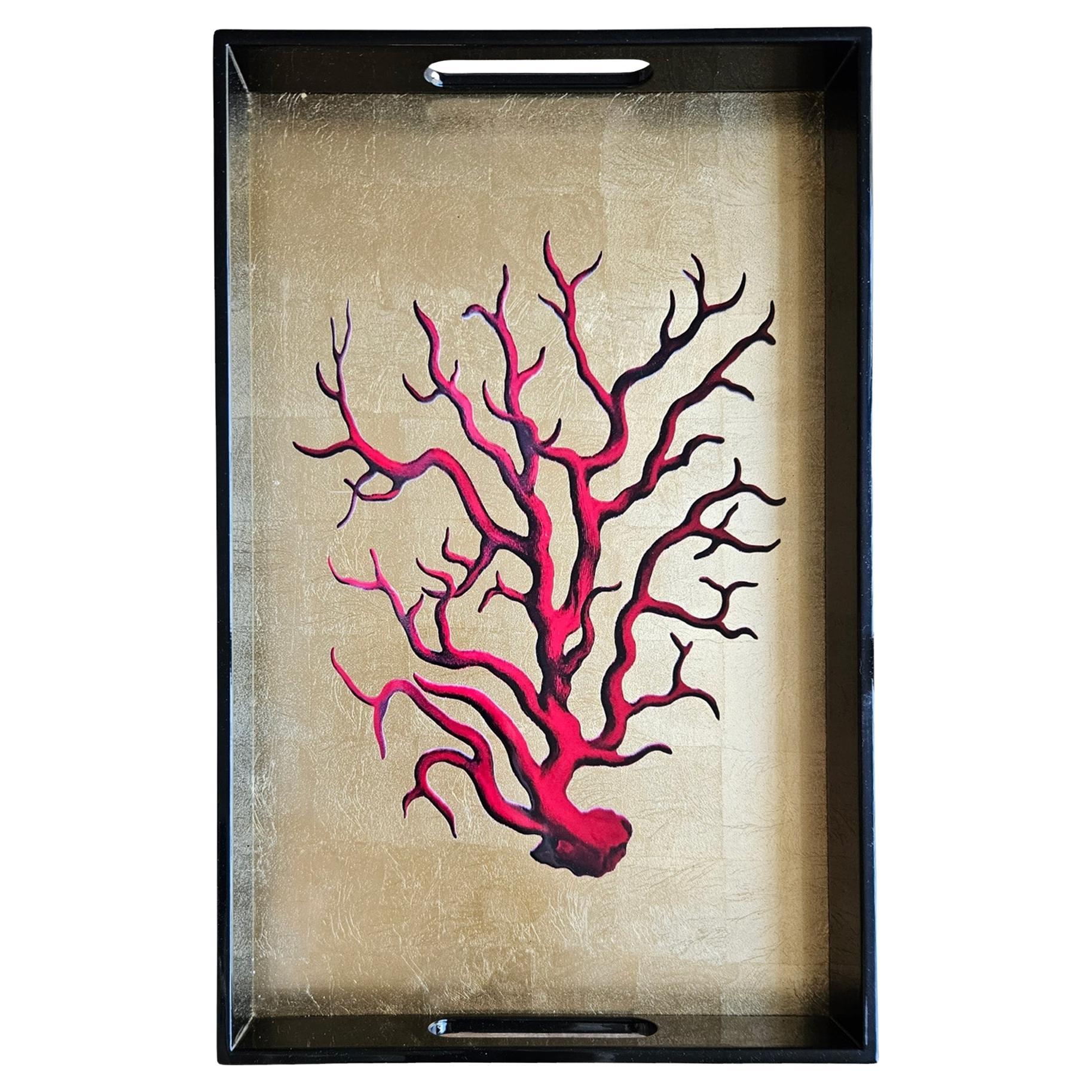 Gold Lacquered Wooden Tray with Handles – Coral