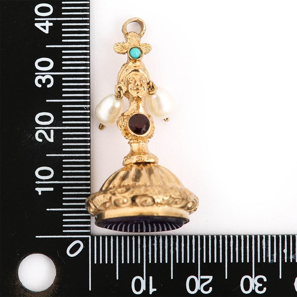 Gold Ladies Head Amethyst, Pearl, Turquoise and Garnet Set Fob Seal 5