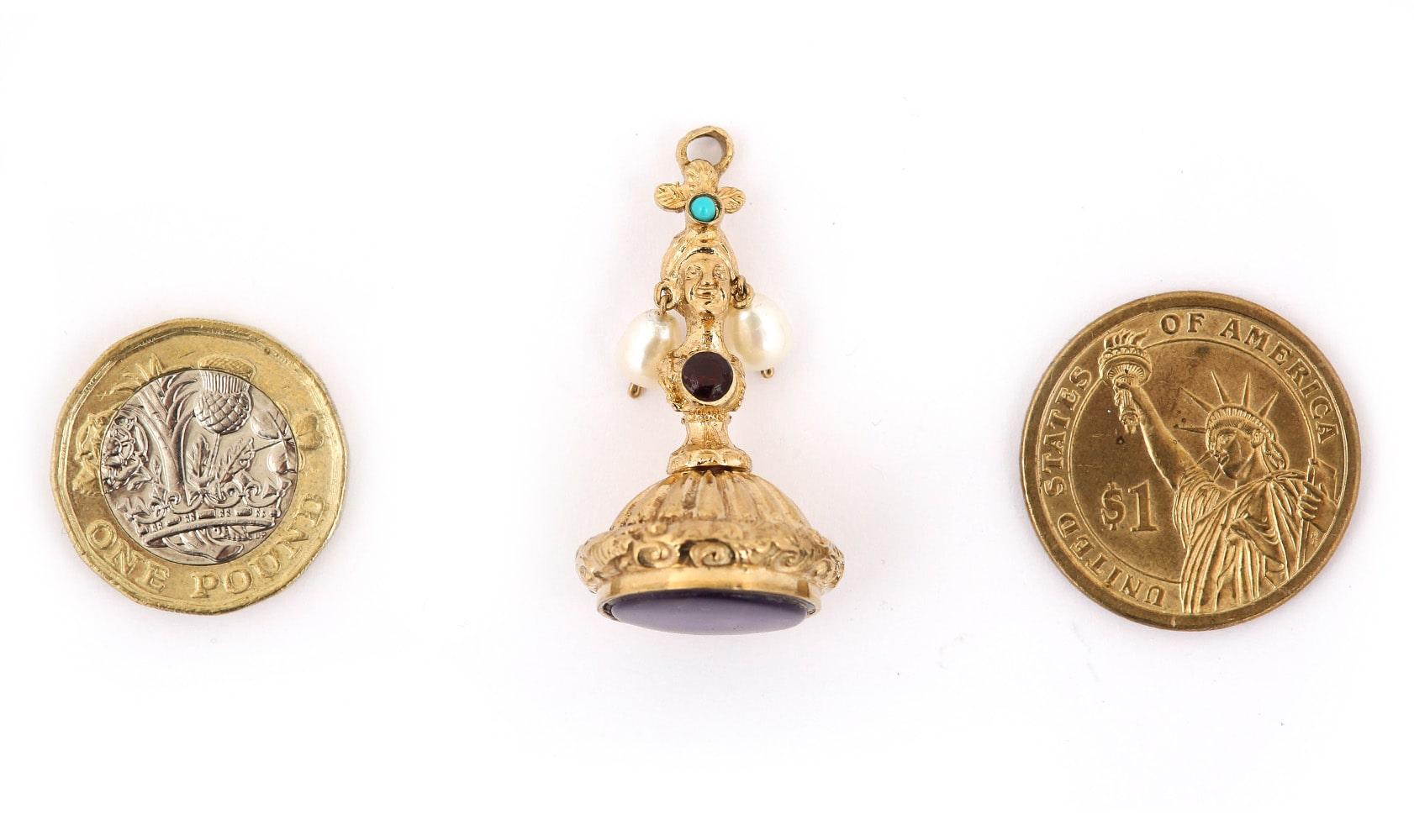Gold Ladies Head Amethyst, Pearl, Turquoise and Garnet Set Fob Seal 6