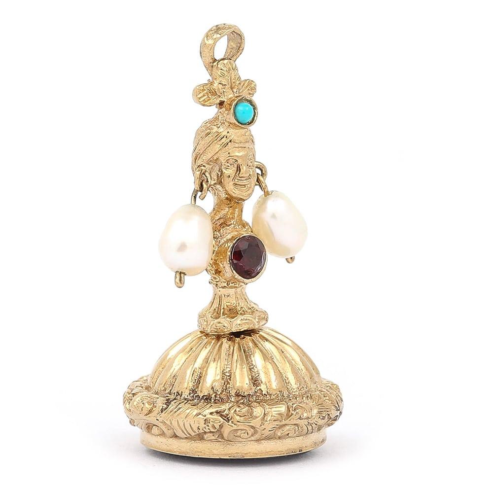 Women's or Men's Gold Ladies Head Amethyst, Pearl, Turquoise and Garnet Set Fob Seal