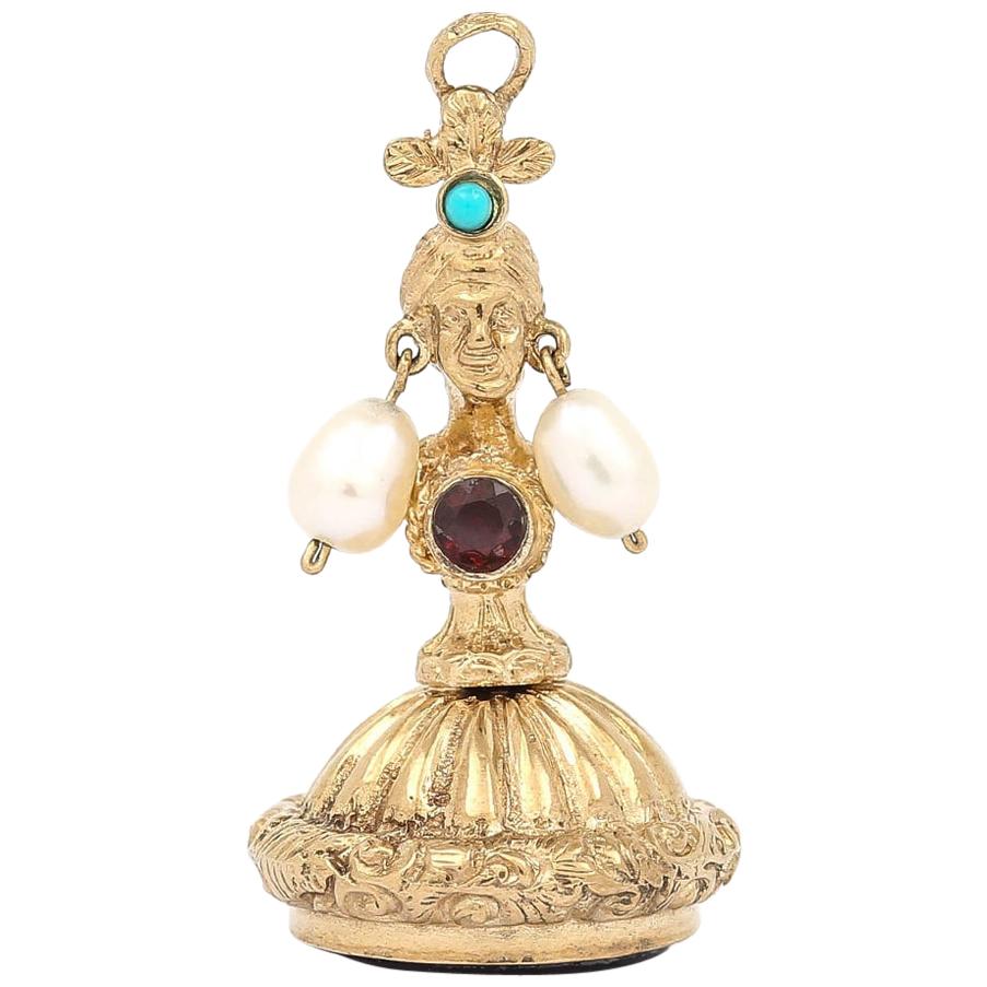 Gold Ladies Head Amethyst, Pearl, Turquoise and Garnet Set Fob Seal