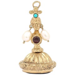 Vintage Gold Ladies Head Amethyst, Pearl, Turquoise and Garnet Set Fob Seal