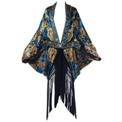 MORPHEW COLLECTION Floral Printed Silk & Gold Deco Lame Cocoon With Fringe Made