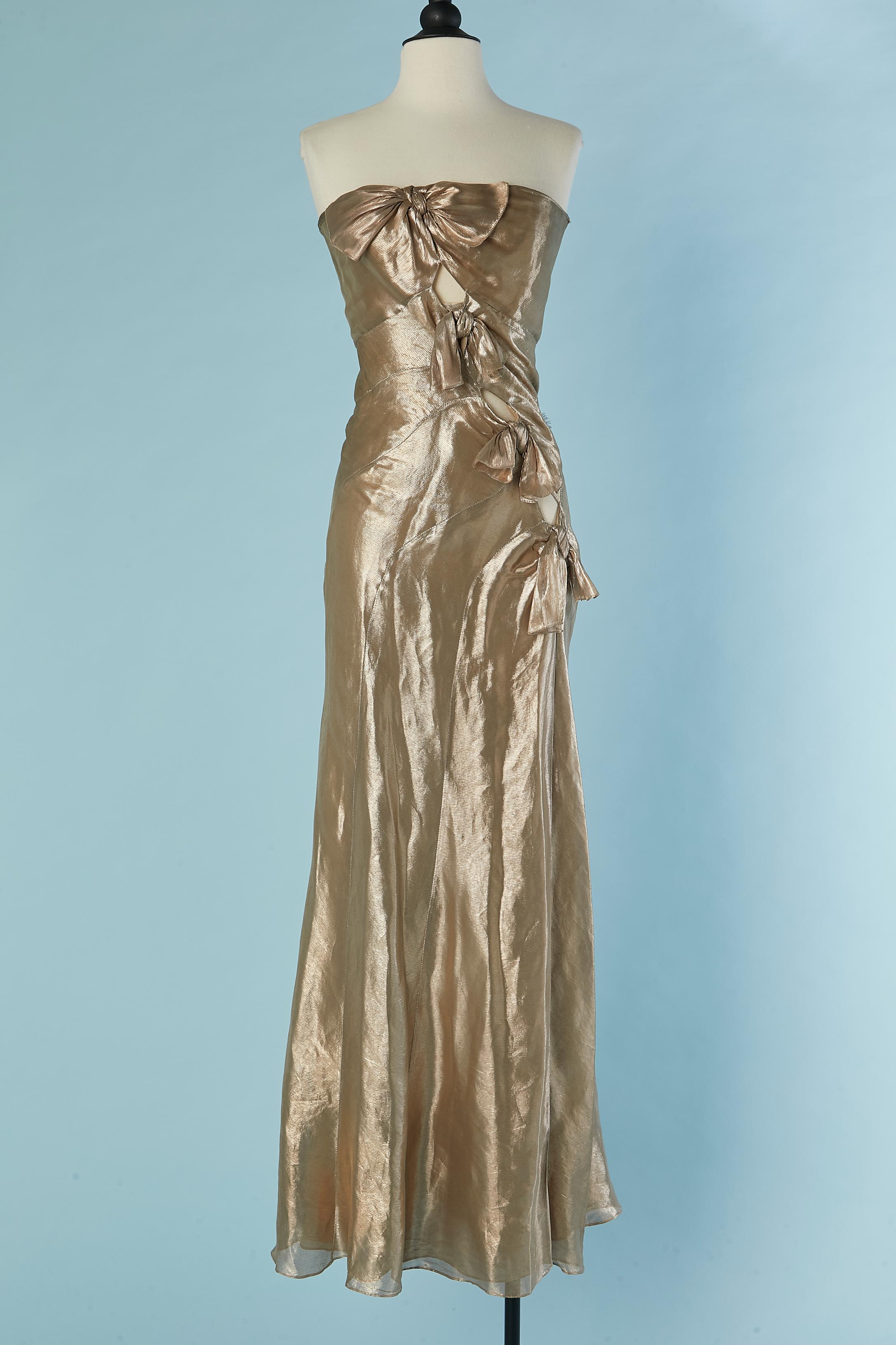 Gold lamé bustier evening dress with bow John Galliano for Christian Dior In Good Condition In Saint-Ouen-Sur-Seine, FR