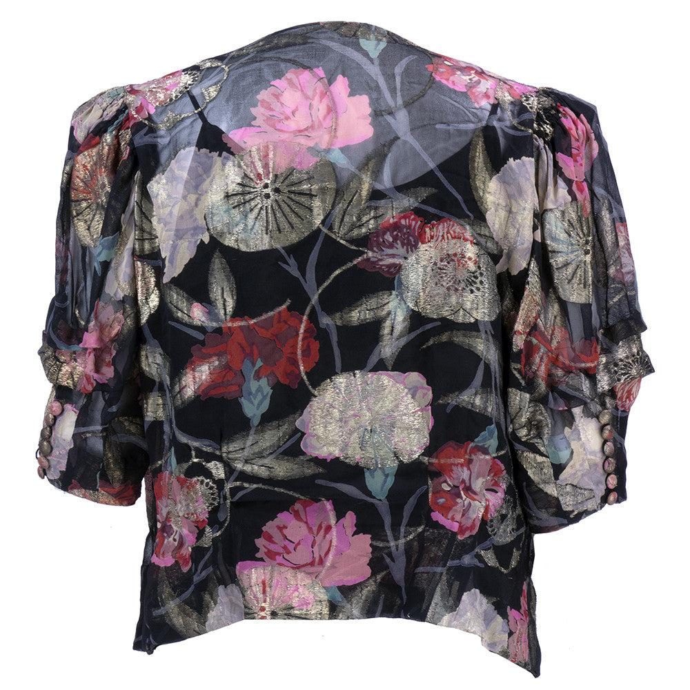Black Gold Lame Floral Blouse with Draped Neckline, 1930s For Sale