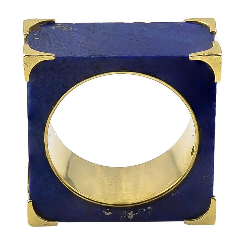 Distinctive  geometric square ring.  Made and signed by TIFFANY France.  18K yellow gold and lapis lazuli.  Size 5 1/2.