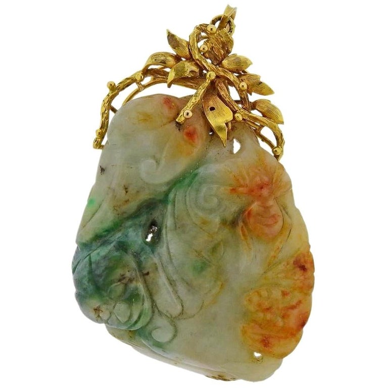 Gold Large Carved Jade Pendant For Sale at 1stDibs