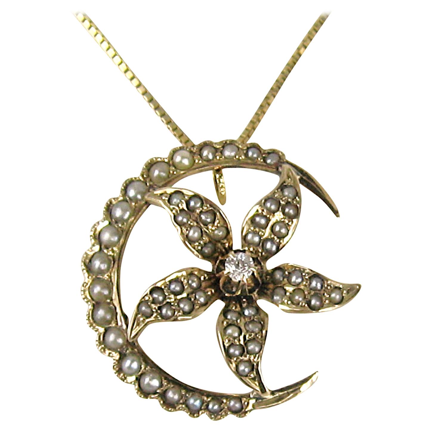 Gold Lavalier Crescent Moon Floral Pearl Diamond Necklace