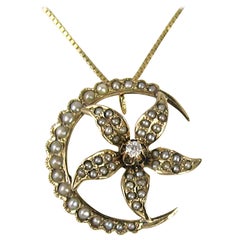 Antique Gold Lavalier Crescent Moon Floral Pearl Diamond Necklace