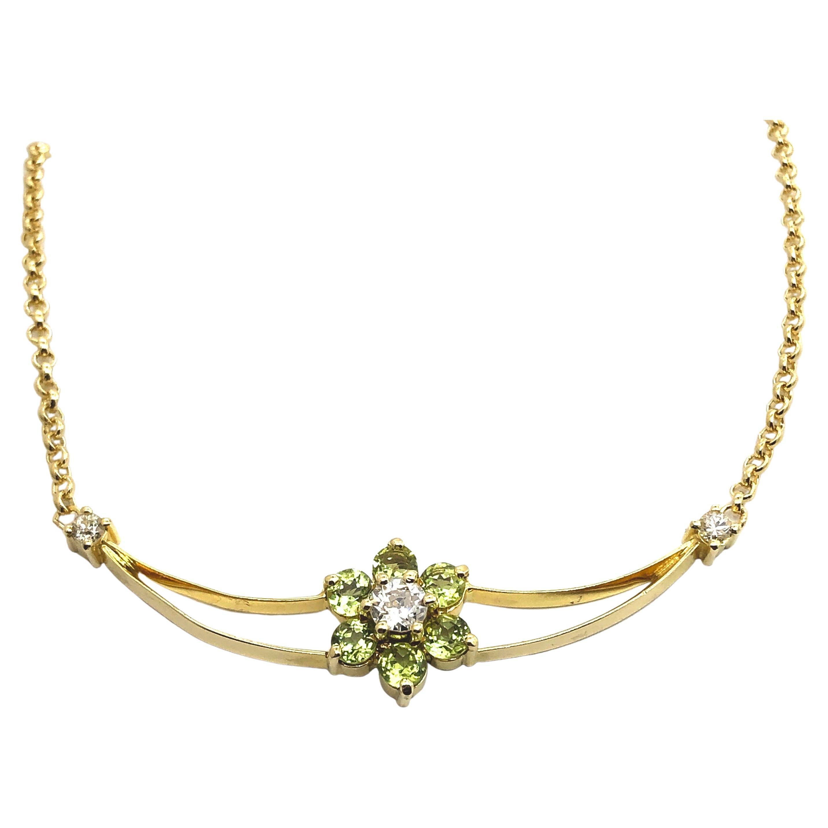Gold Lavaliere Pendant Necklace with Three Diamonds and Six Peridots For Sale